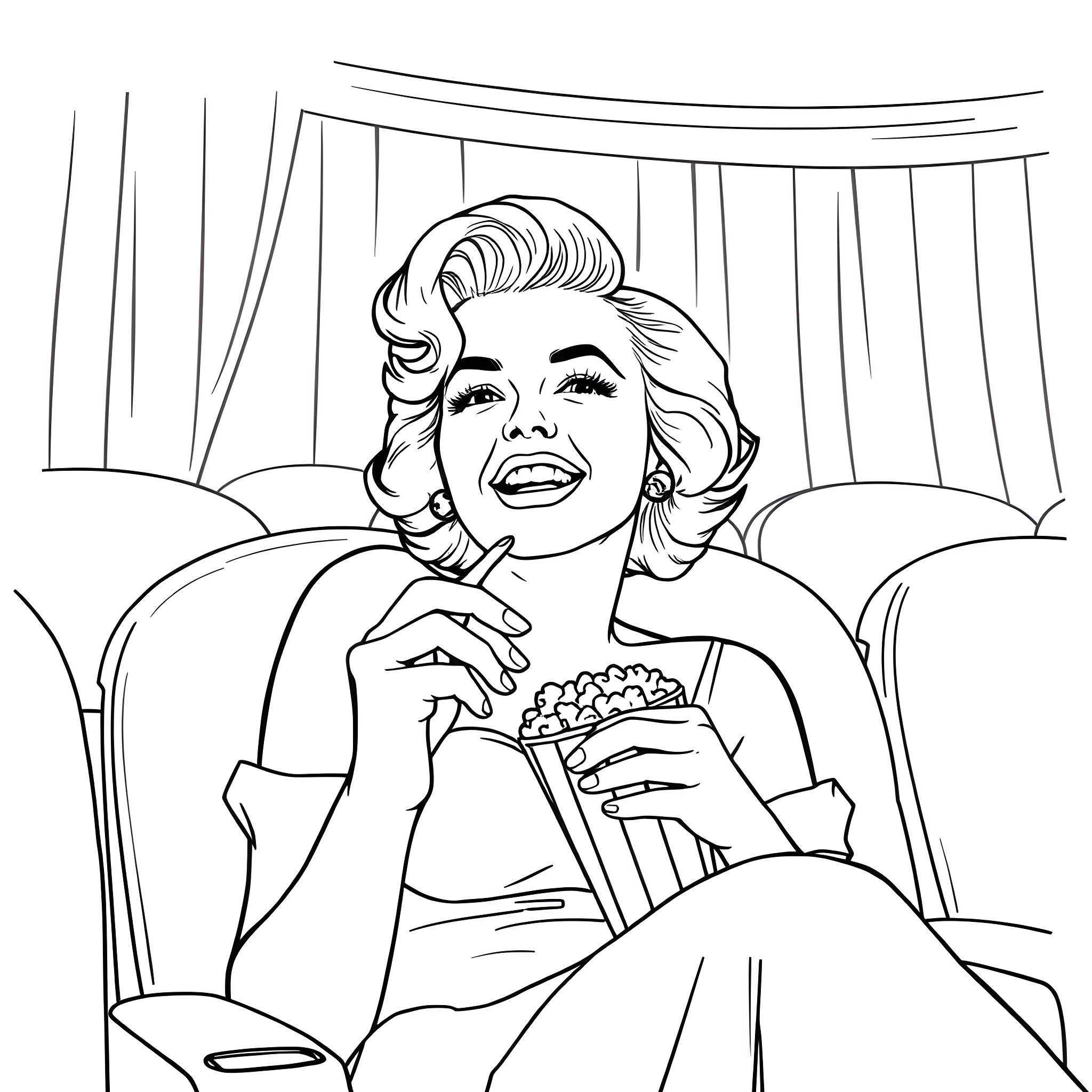 Marilyn Monroe enjoying popcorn in a theater Coloring Page (free black-and-white line drawing printable PDF for all, from beginners to advanced learners, including children, teens, adults, and seniors)