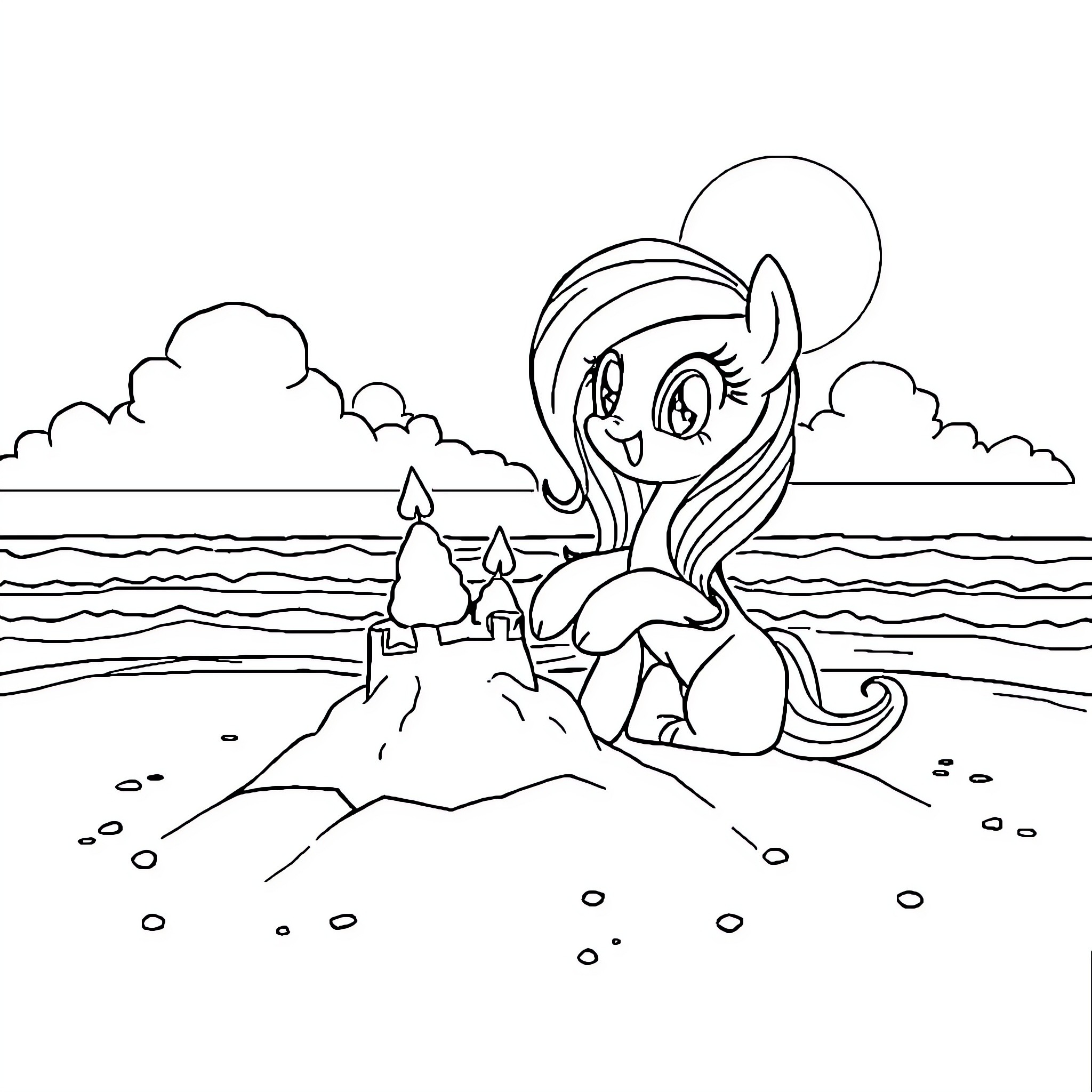 Rainbow Dash enjoys peaceful day at the beach Coloring Page (free black-and-white line drawing printable PDF for all, from beginners to advanced learners, including children, teens, adults, and seniors)