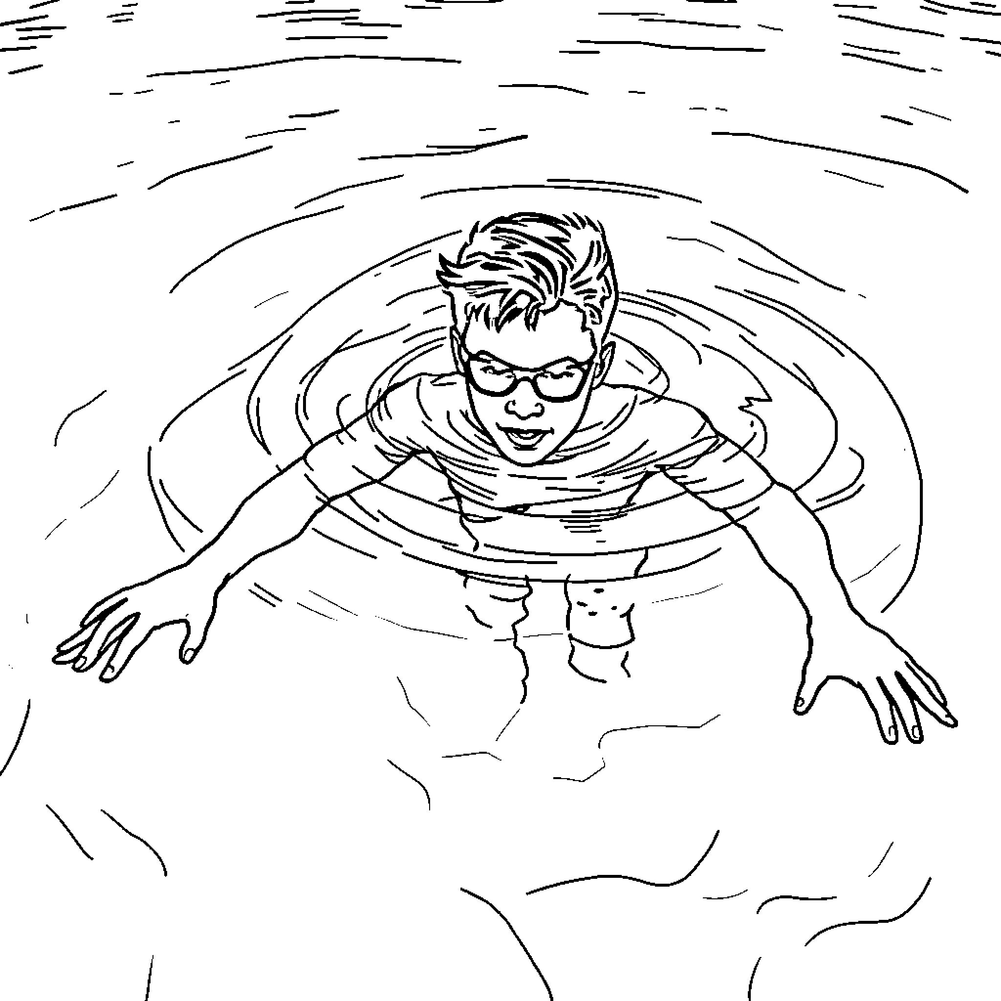 Swim stroke of a boy in the water Coloring Page (free black-and-white line drawing printable PDF for all, from beginners to advanced learners, including children, teens, adults, and seniors)
