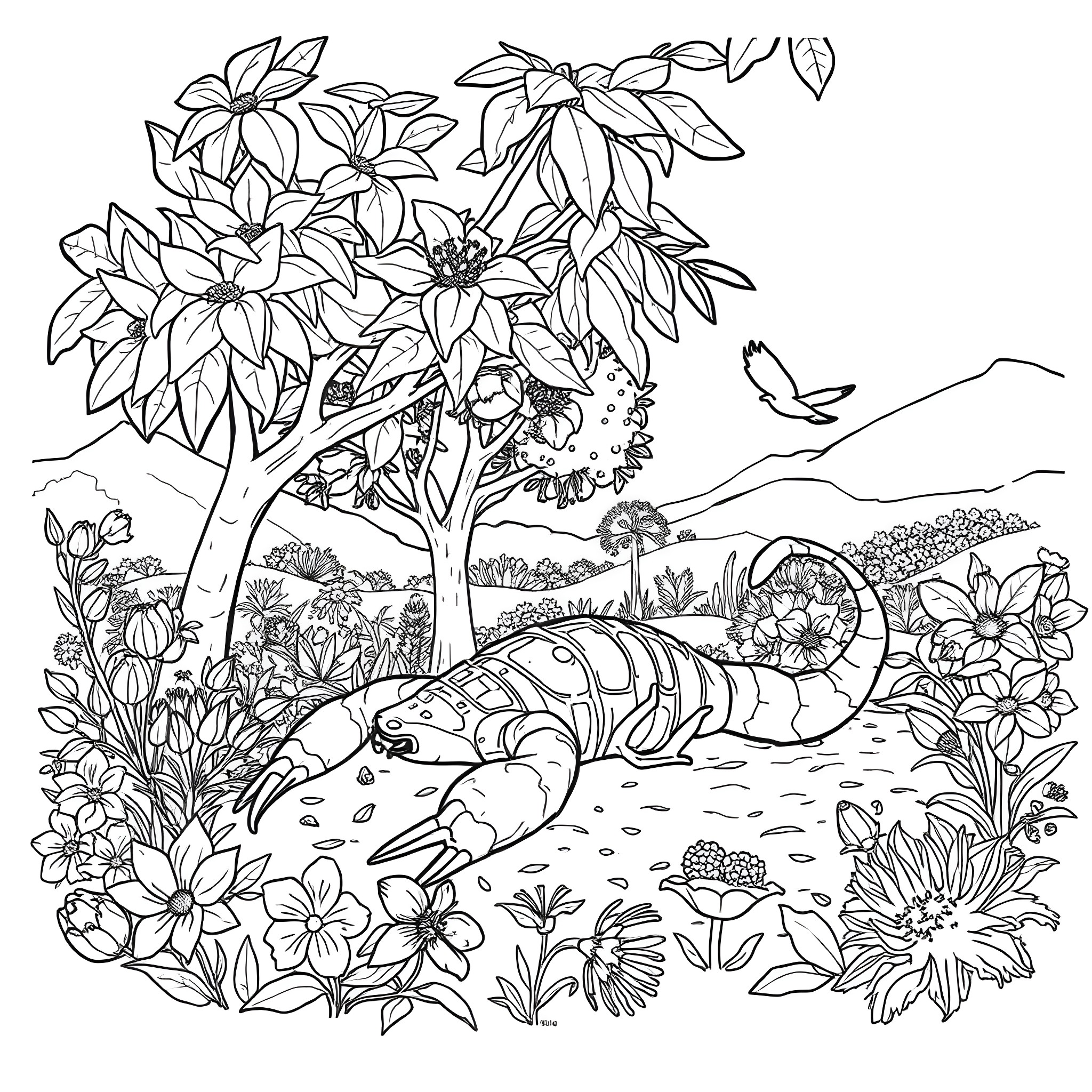 Scorpion crawling through vibrant floral landscape Coloring Page (free black-and-white line drawing printable PDF for all, from beginners to advanced learners, including children, teens, adults, and seniors)