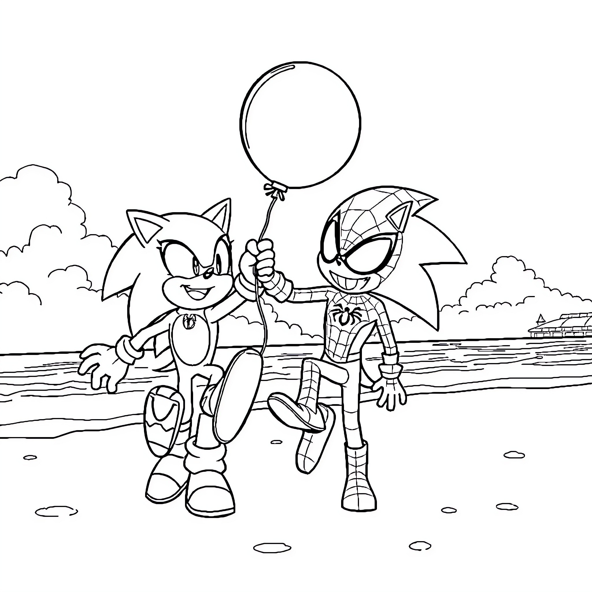 Sonic and Spider-Man enjoy playful adventure outdoors Coloring Page (free black-and-white line drawing printable PDF for all, from beginners to advanced learners, including children, teens, adults, and seniors)