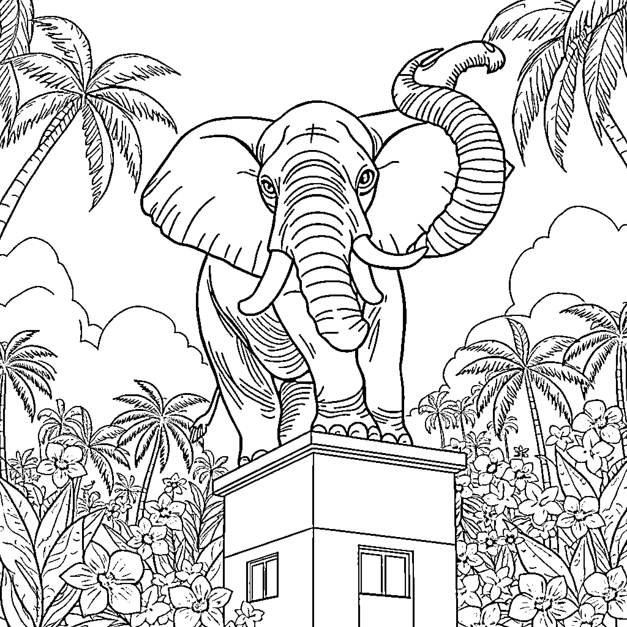 Elephant standing majestically in tropical landscape Coloring Page (free black-and-white line drawing printable PDF for all, from beginners to advanced learners, including children, teens, adults, and seniors)