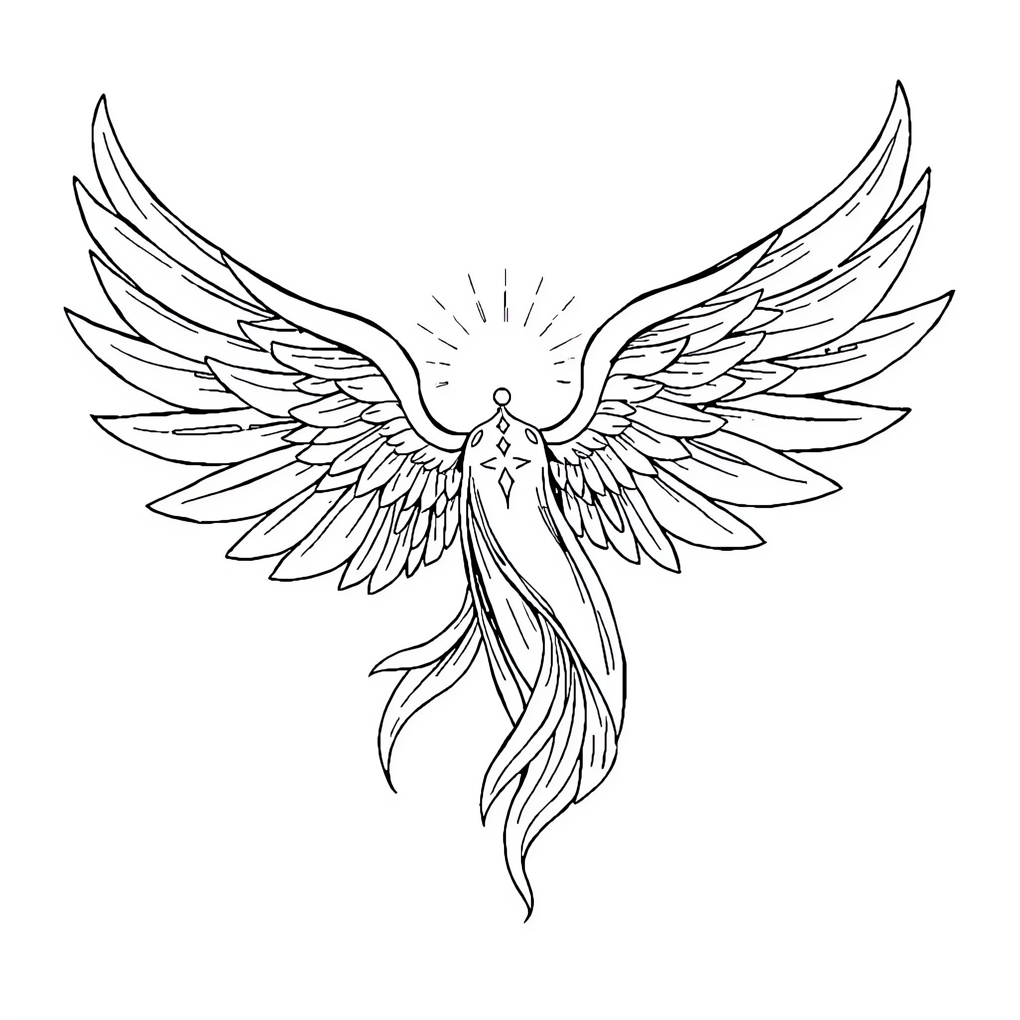 Star Angel ascending with ethereal wings Coloring Page (free black-and-white line drawing printable PDF for all, from beginners to advanced learners, including children, teens, adults, and seniors)