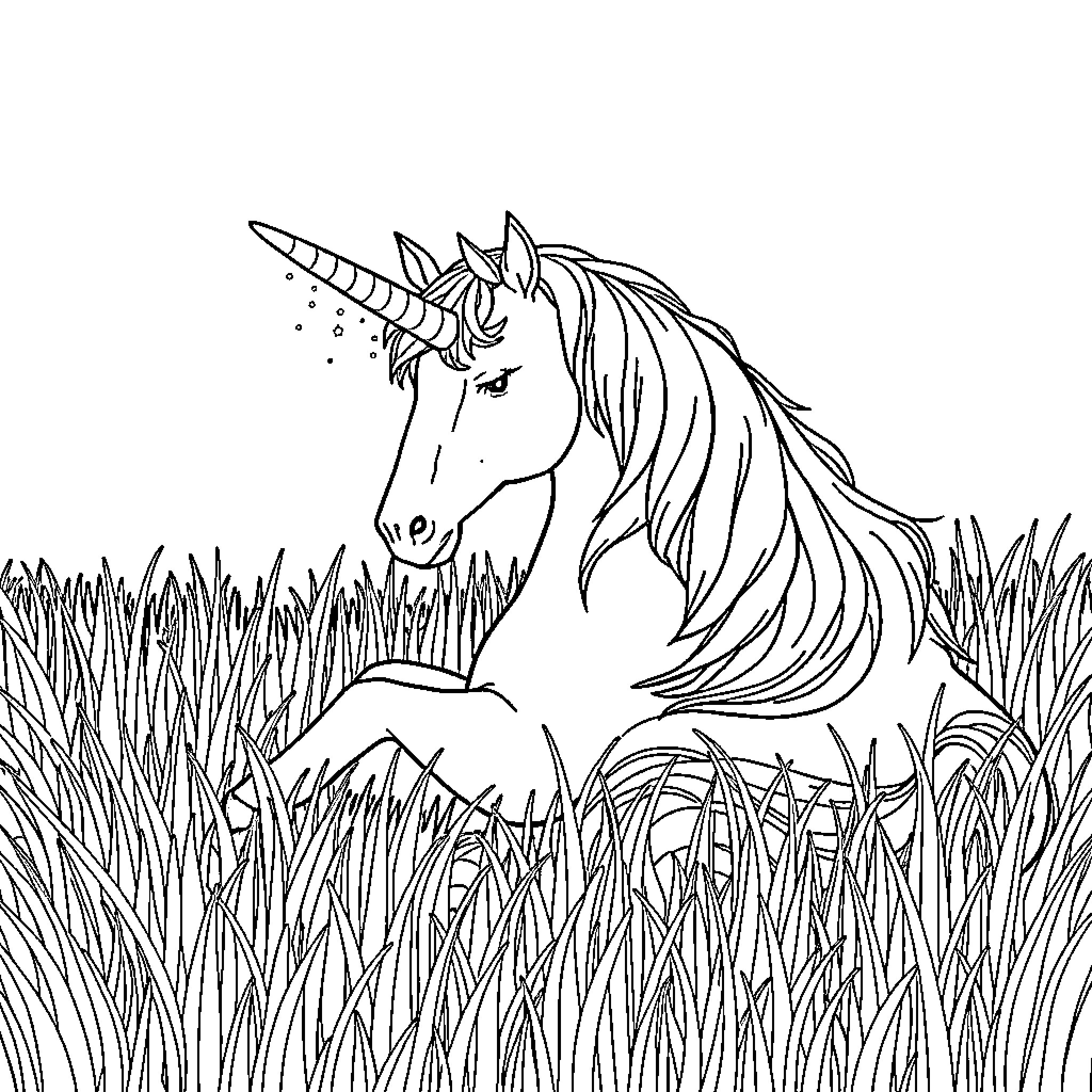 Unicorn standing amidst tall grass Coloring Page (free black-and-white line drawing printable PDF for all, from beginners to advanced learners, including children, teens, adults, and seniors)