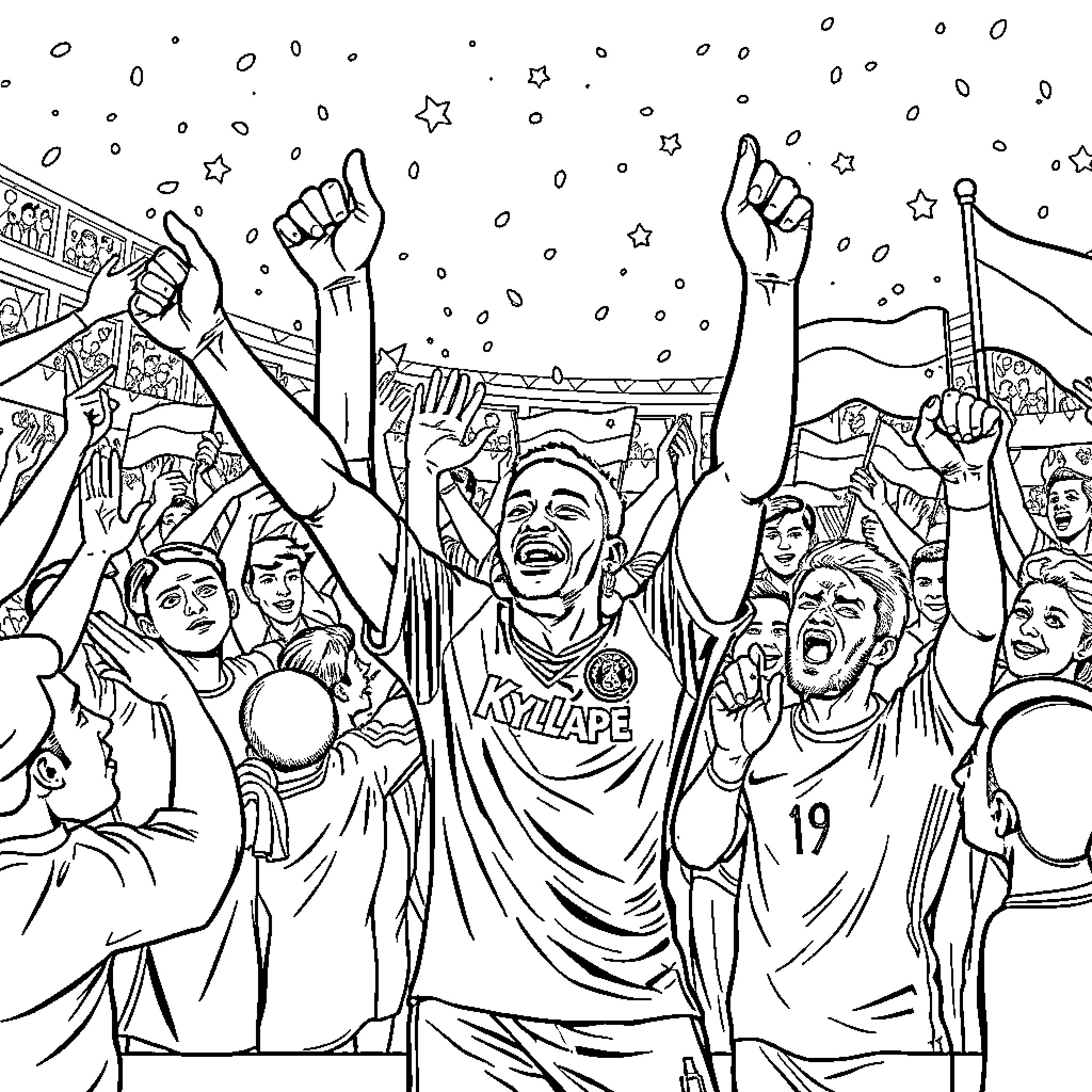 Kylian Mbappe celebrating with teammates on the field Coloring Page (free black-and-white line drawing printable PDF for all, from beginners to advanced learners, including children, teens, adults, and seniors)