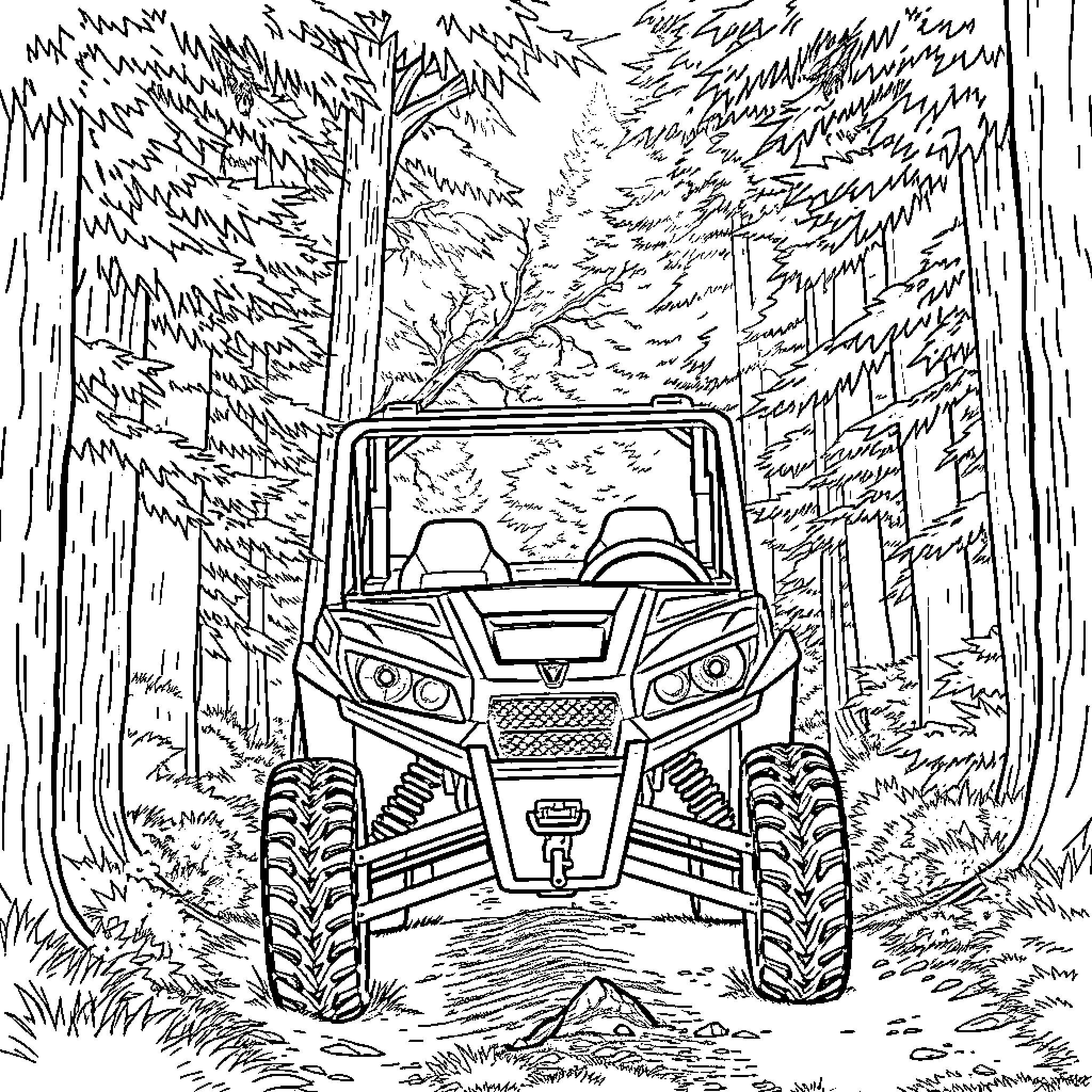 Polaris RZR off-road adventure through forested terrain Coloring Page (free black-and-white line drawing printable PDF for all, from beginners to advanced learners, including children, teens, adults, and seniors)