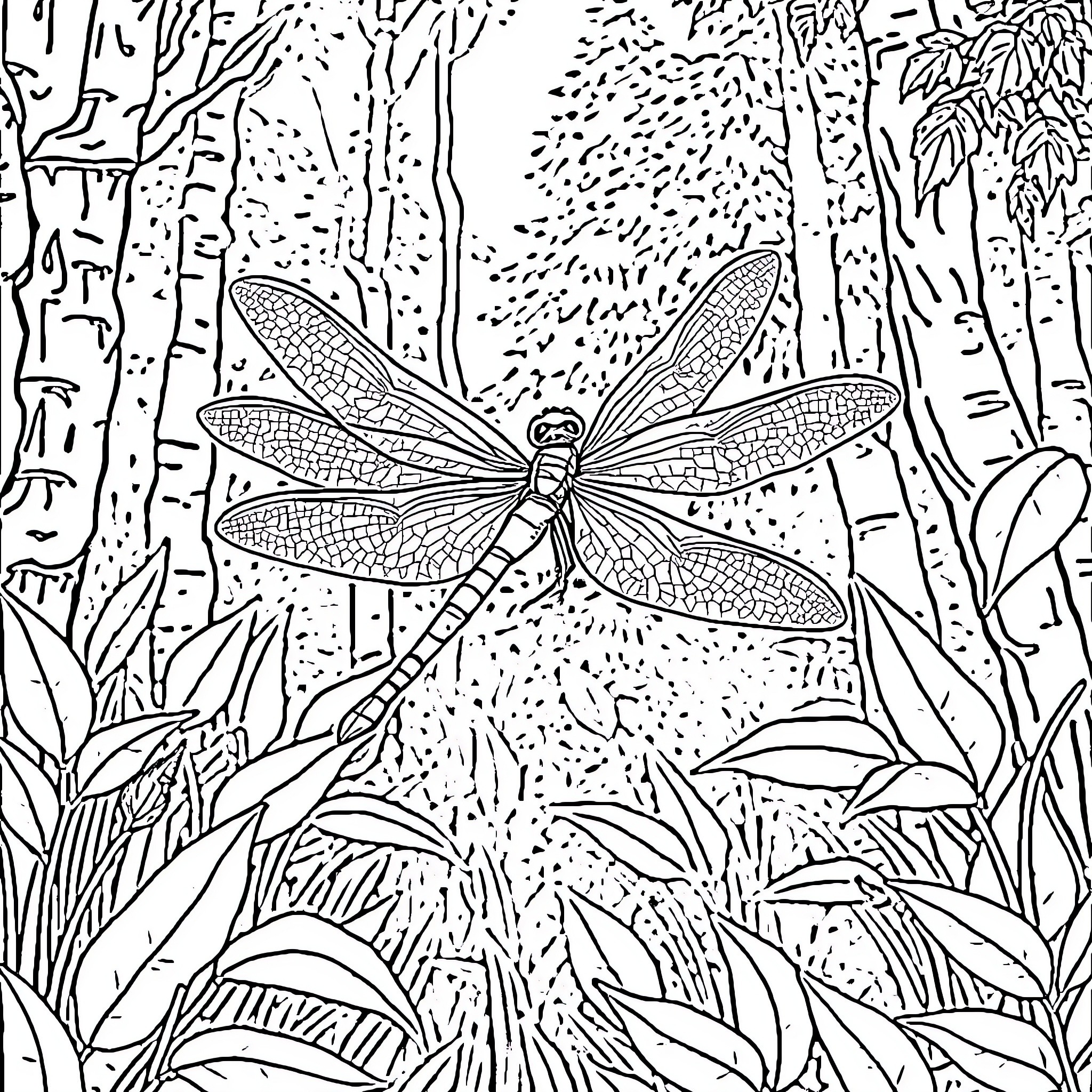 Dragonfly amid a lush forest Coloring Page (free black-and-white line drawing printable PDF for all, from beginners to advanced learners, including children, teens, adults, and seniors)