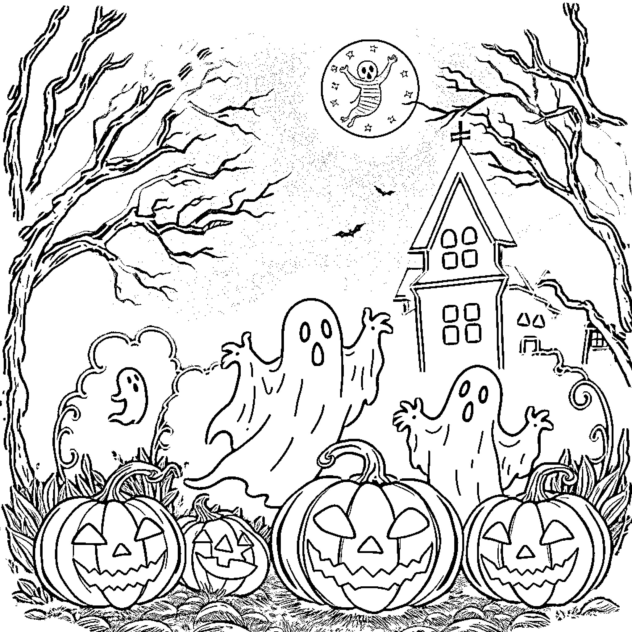 Halloween haunted house with ghosts and jack-o-lanterns Coloring Page (free black-and-white line drawing printable PDF for all, from beginners to advanced learners, including children, teens, adults, and seniors)
