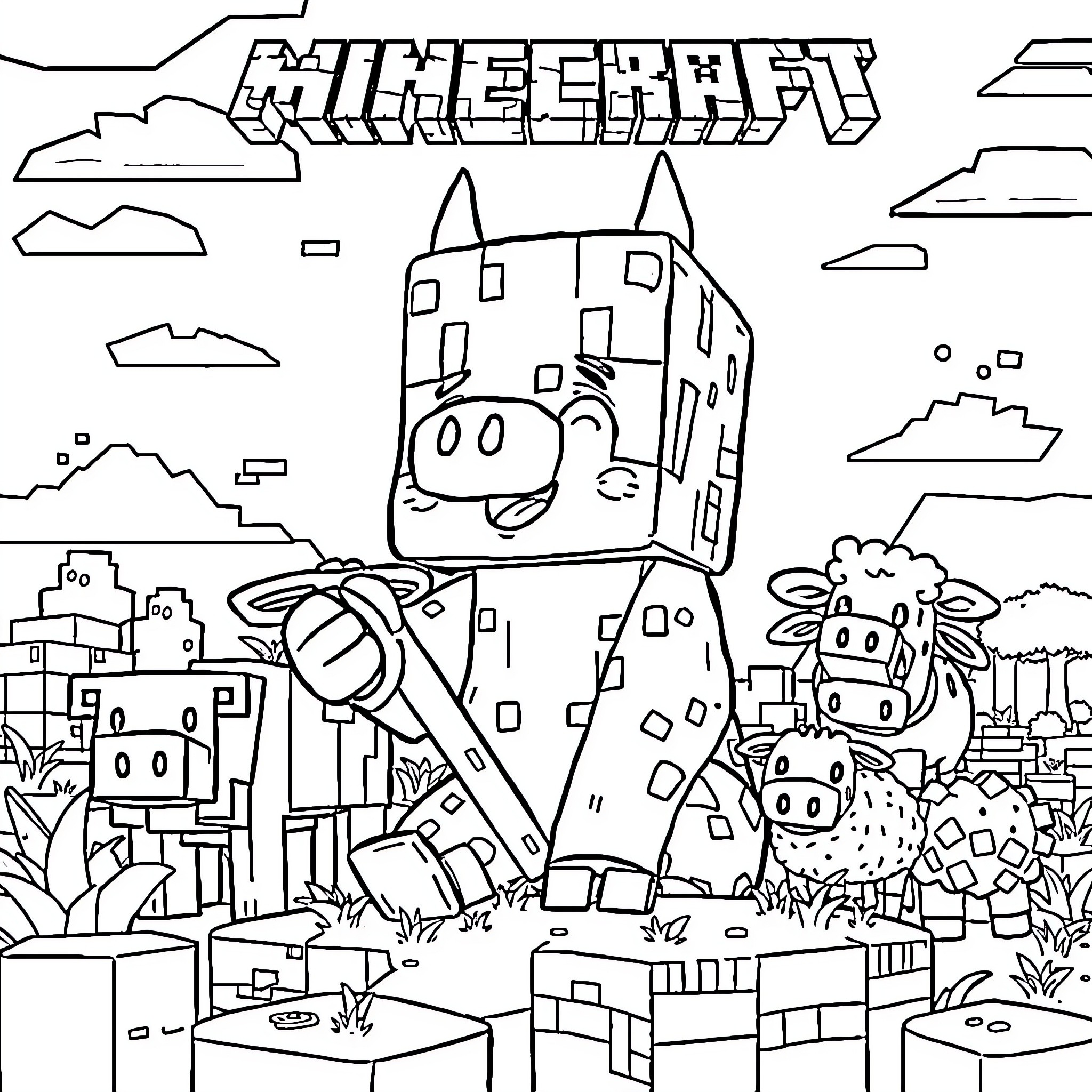 Labubu's Pixelated Adventure in the Minecraft World Coloring Page (free black-and-white line drawing printable PDF for all, from beginners to advanced learners, including children, teens, adults, and seniors)