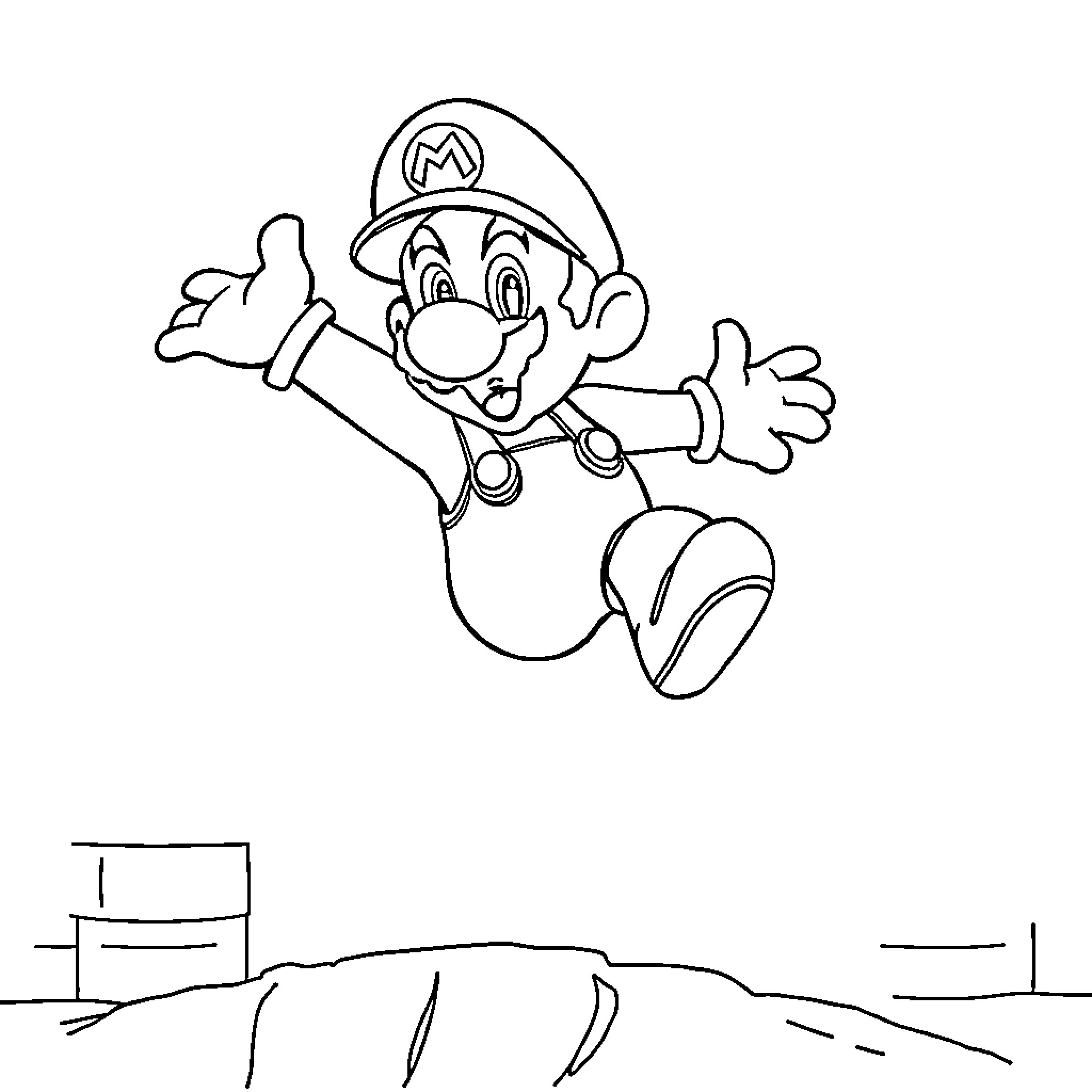 Mario jumping joyfully with excited expression Coloring Page (free black-and-white line drawing printable PDF for all, from beginners to advanced learners, including children, teens, adults, and seniors)