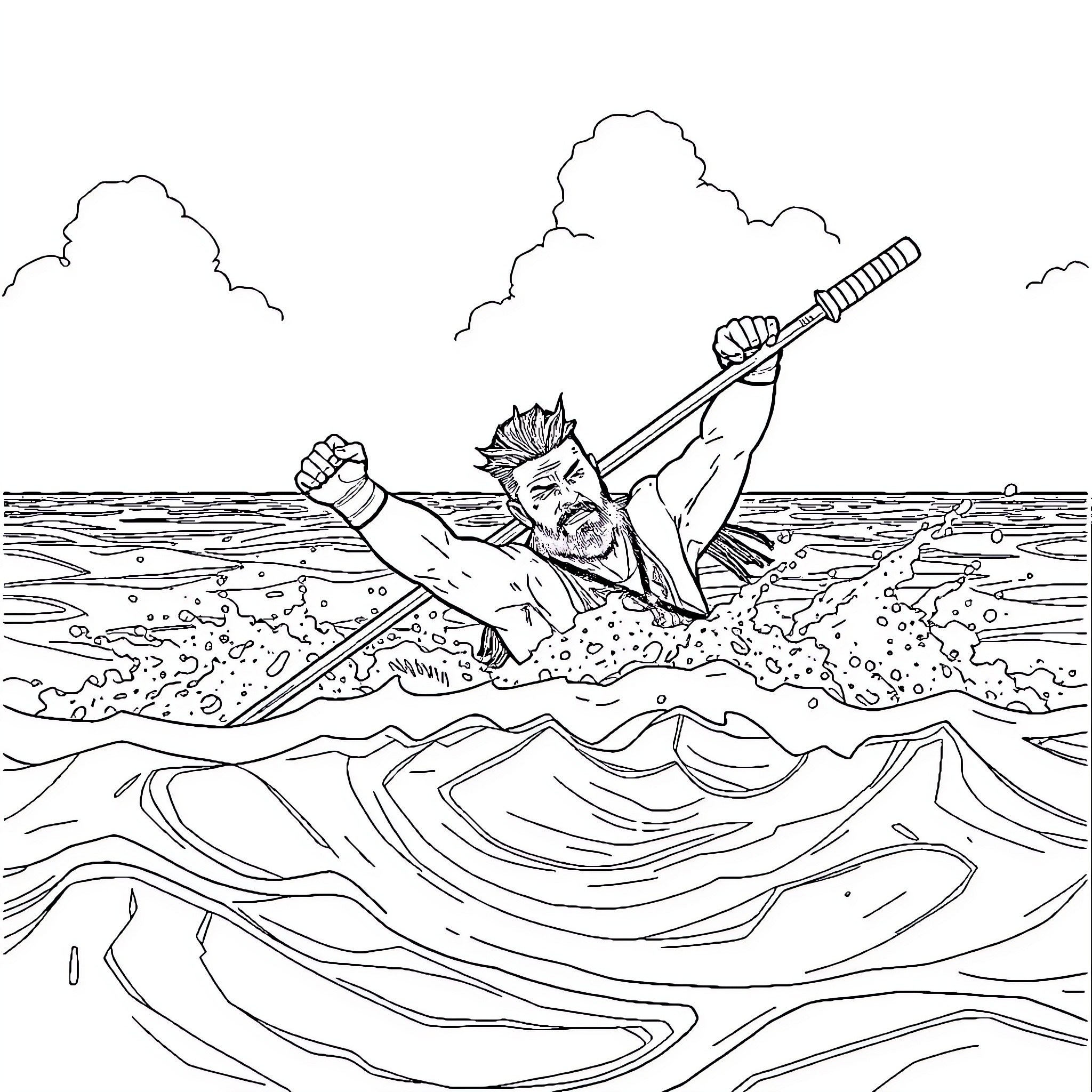 Roman Reigns battling through stormy waves Coloring Page (free black-and-white line drawing printable PDF for all, from beginners to advanced learners, including children, teens, adults, and seniors)