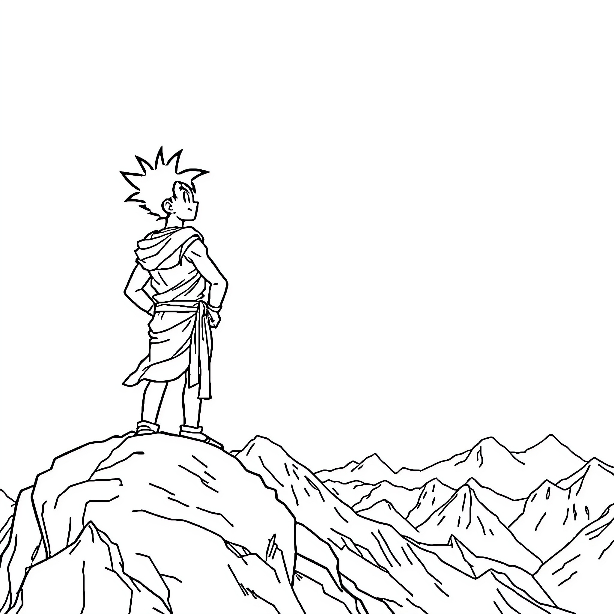 Goten standing proudly on a mountain peak Coloring Page (free black-and-white line drawing printable PDF for all, from beginners to advanced learners, including children, teens, adults, and seniors)