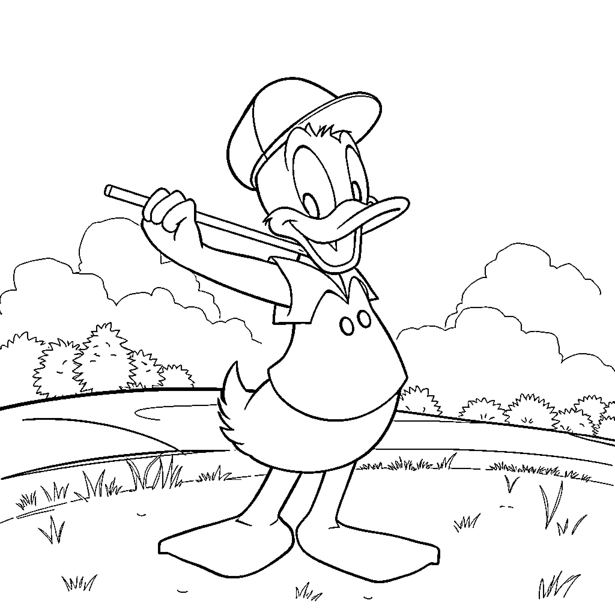 Donald Duck enjoying nature in the countryside Coloring Page (free black-and-white line drawing printable PDF for all, from beginners to advanced learners, including children, teens, adults, and seniors)