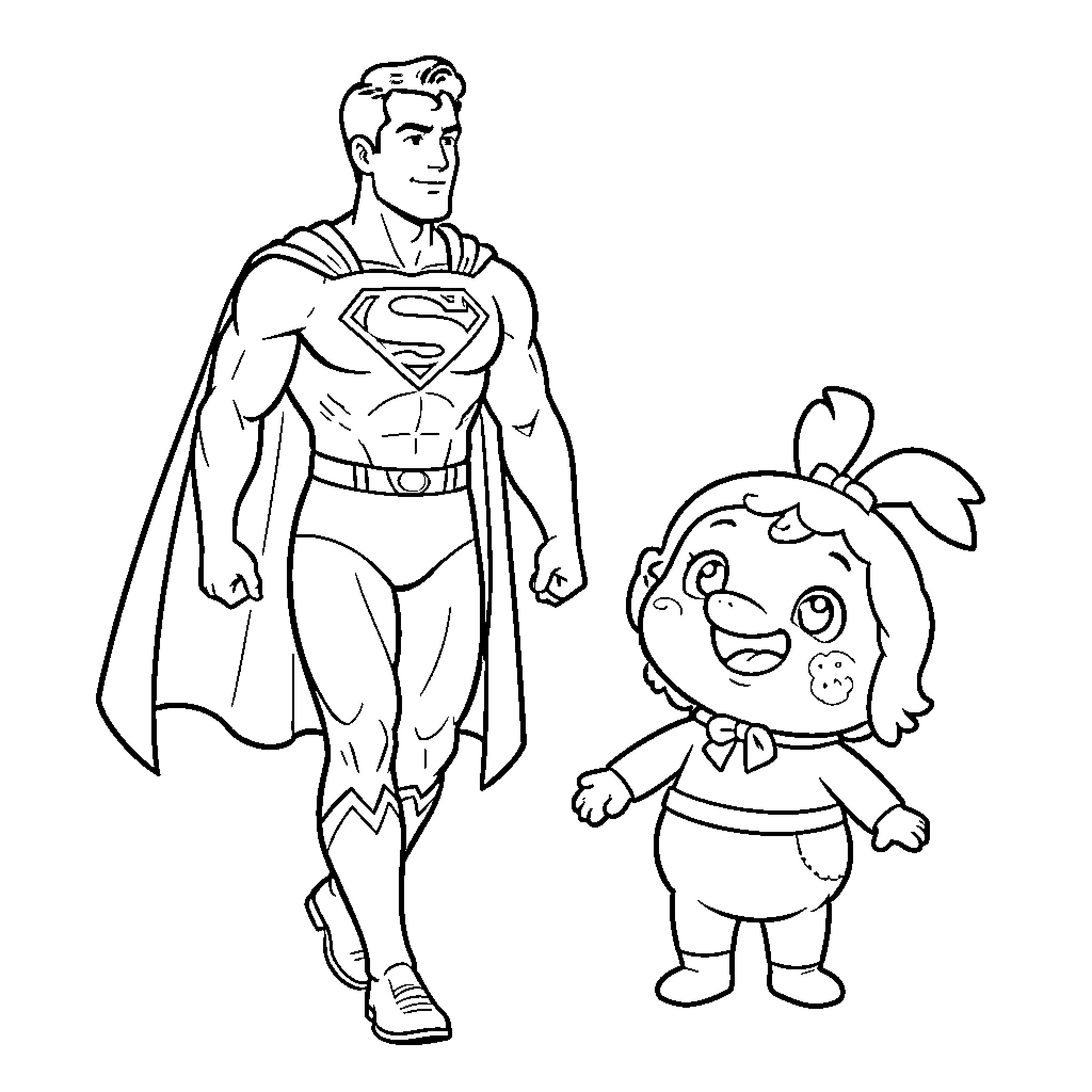 Superman walking alongside a happy small cartoon character Coloring Page (free black-and-white line drawing printable PDF for all, from beginners to advanced learners, including children, teens, adults, and seniors)