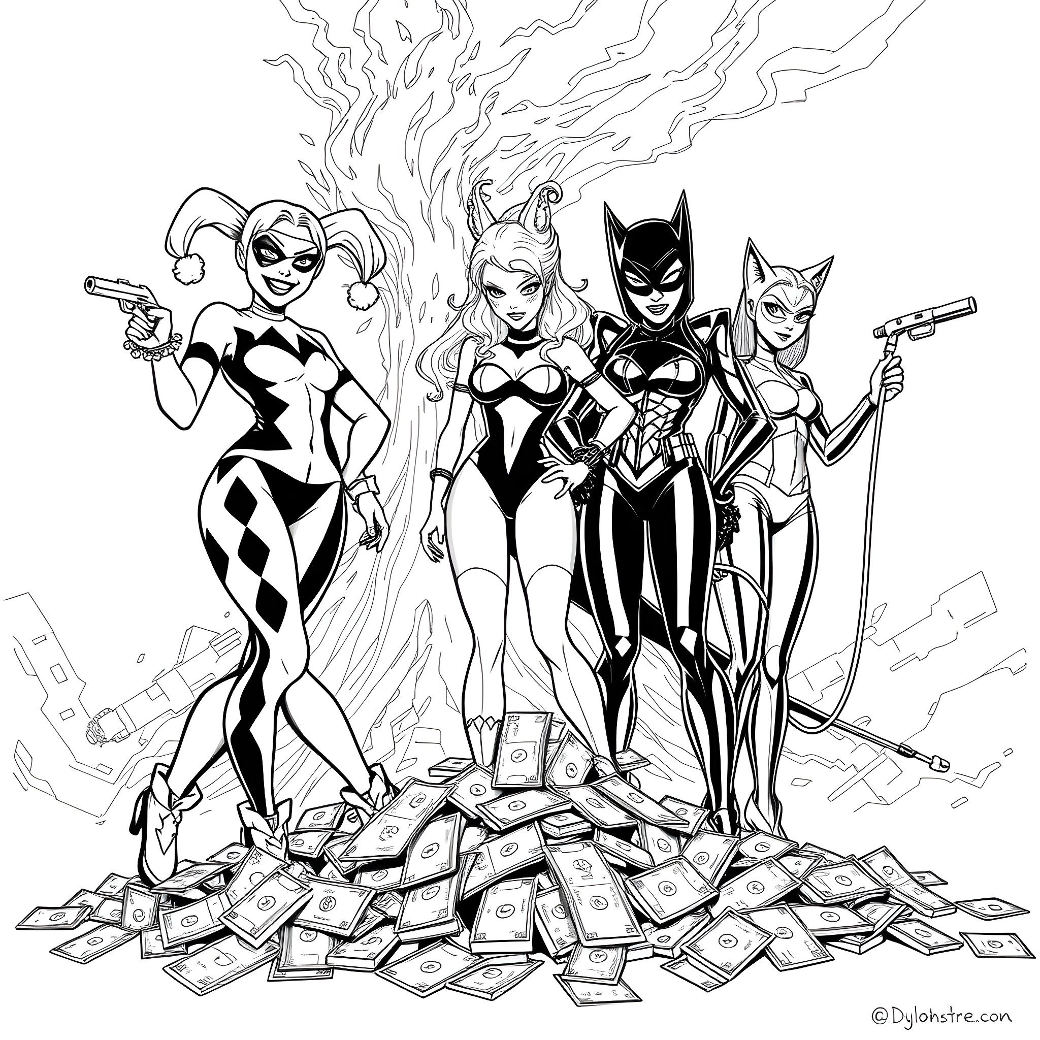 Harley Quinn and Gotham City's Finest Villains Coloring Page (free black-and-white line drawing printable PDF for all, from beginners to advanced learners, including children, teens, adults, and seniors)