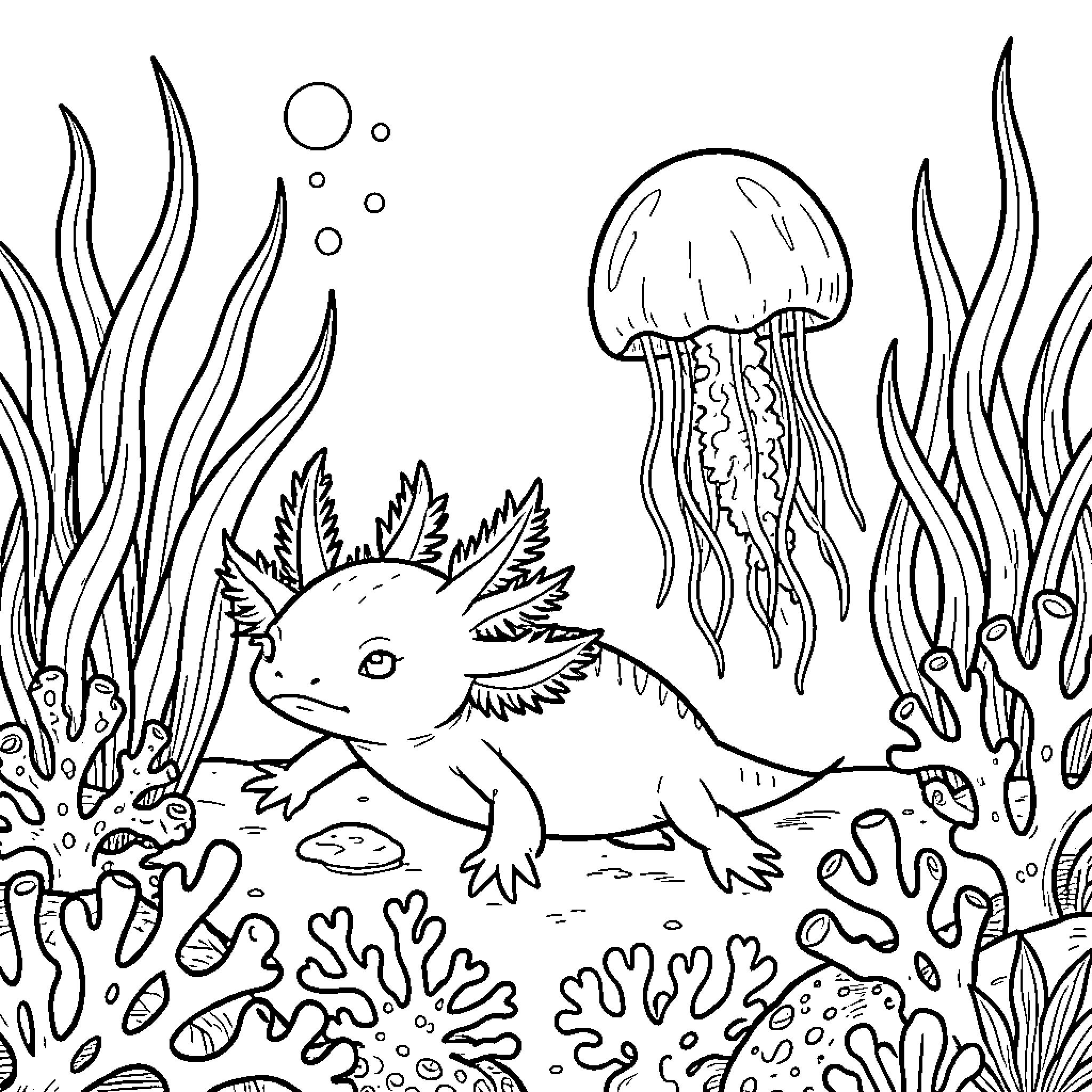 Axolotl exploring an underwater garden Coloring Page (free black-and-white line drawing printable PDF for all, from beginners to advanced learners, including children, teens, adults, and seniors)