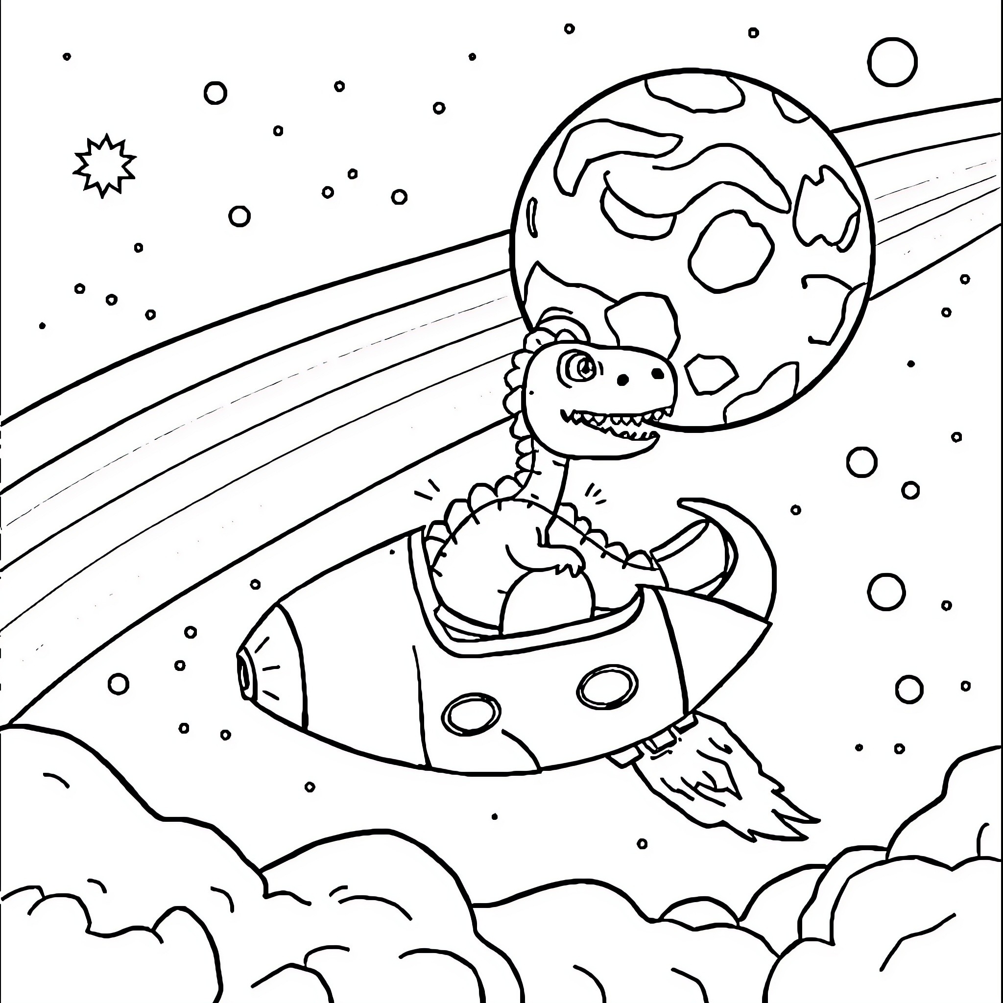 Dino Astronaut Riding Rocket Through Space Coloring Page (free black-and-white line drawing printable PDF for all, from beginners to advanced learners, including children, teens, adults, and seniors)