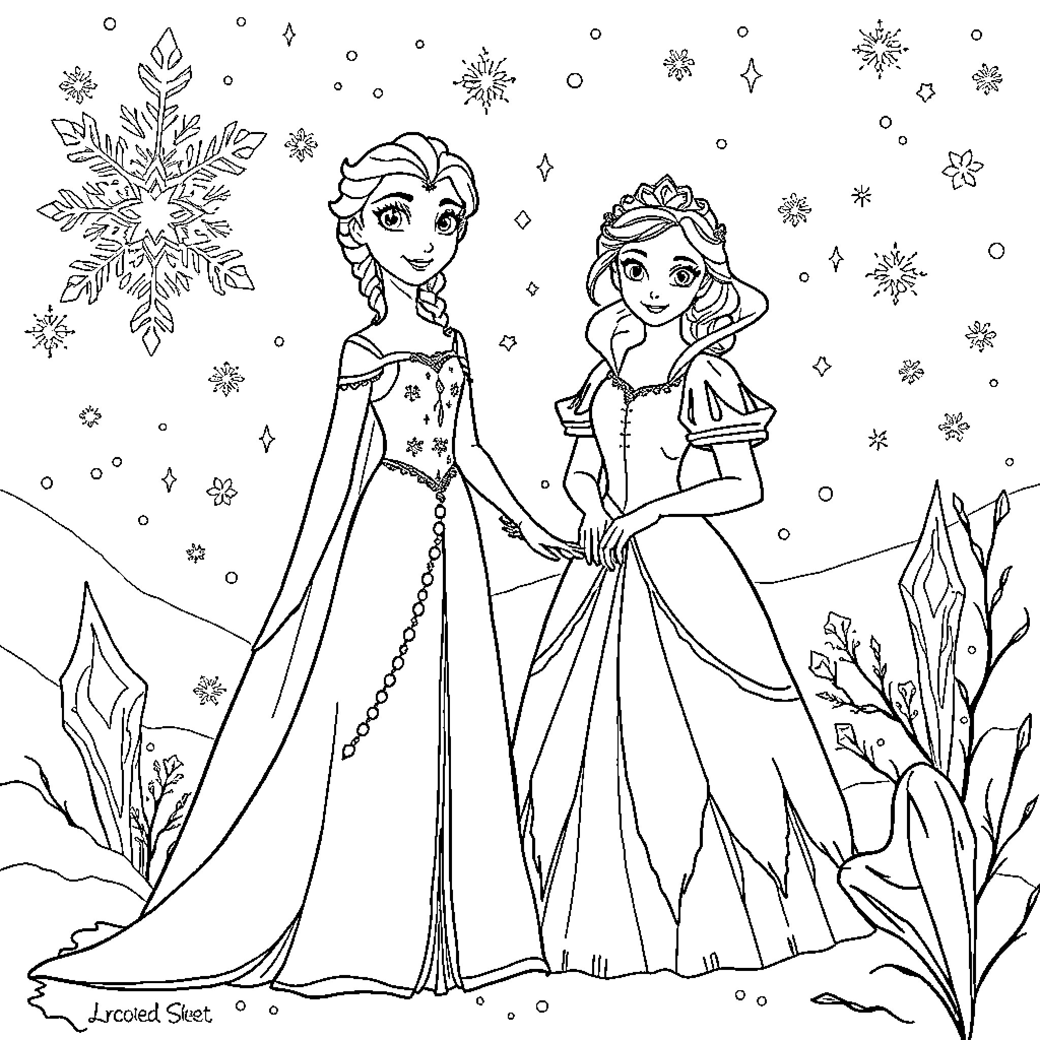 Elsa and Anna in Winter Wonderland Coloring Page (free black-and-white line drawing printable PDF for all, from beginners to advanced learners, including children, teens, adults, and seniors)