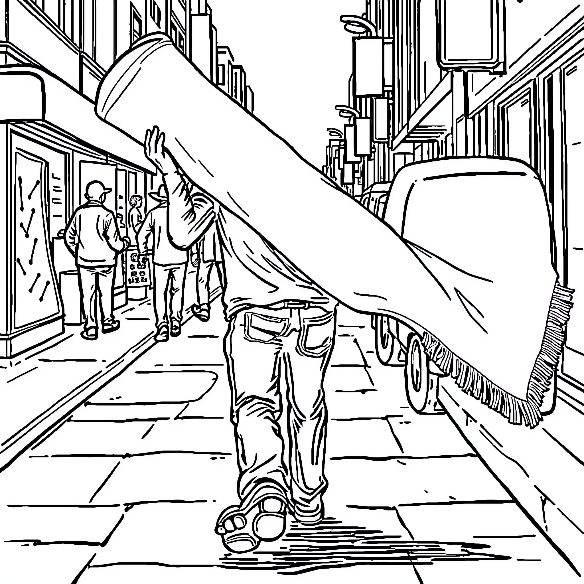 Guy wandering through busy city street Coloring Page (free black-and-white line drawing printable PDF for all, from beginners to advanced learners, including children, teens, adults, and seniors)