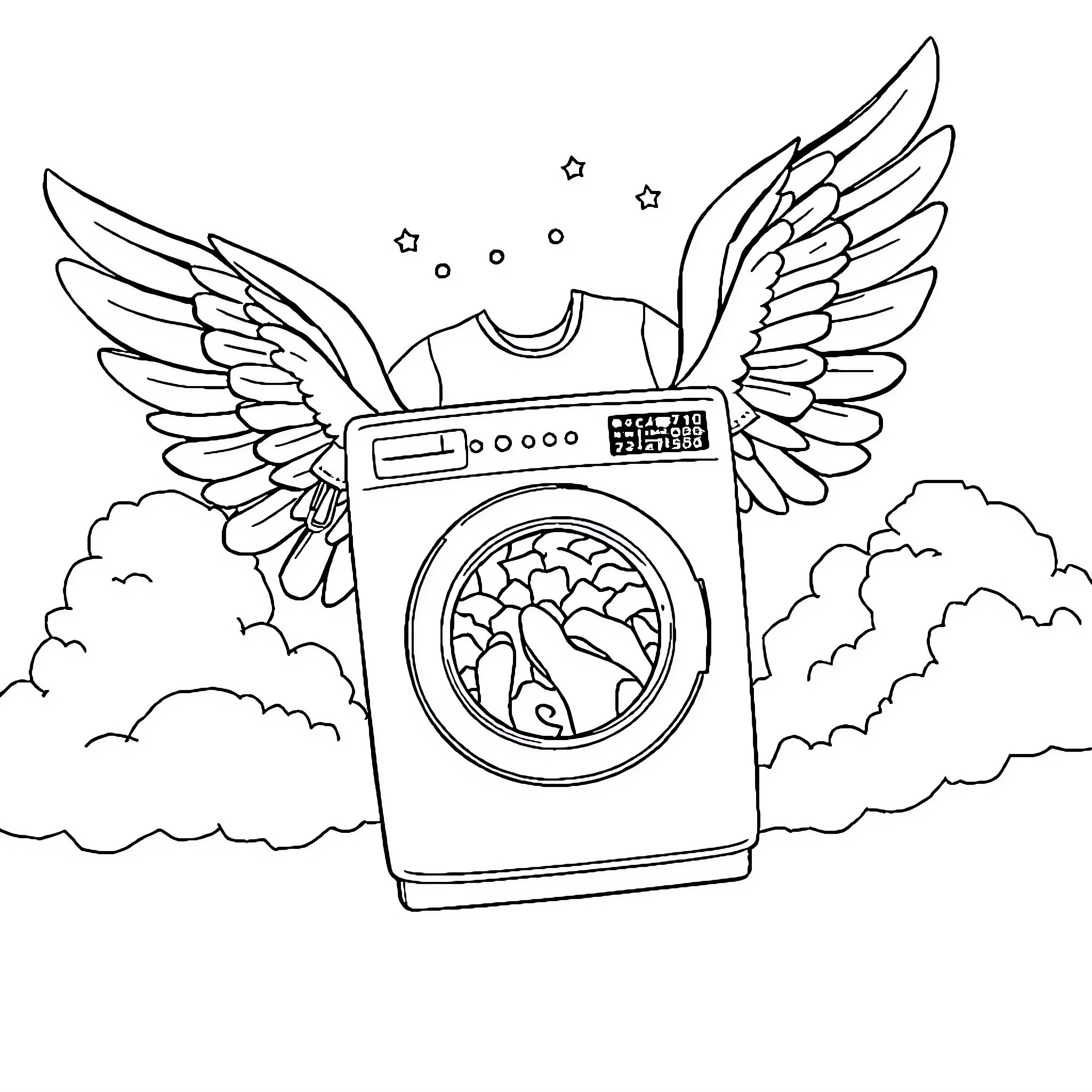 Washing Machine with Whimsical Wings in the Sky Coloring Page (free black-and-white line drawing printable PDF for all, from beginners to advanced learners, including children, teens, adults, and seniors)