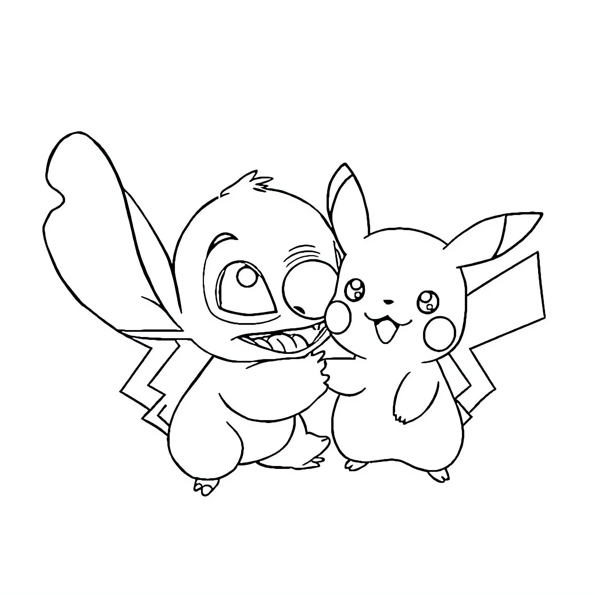Stitch hugging and playing with Pikachu Coloring Page (free black-and-white line drawing printable PDF for all, from beginners to advanced learners, including children, teens, adults, and seniors)