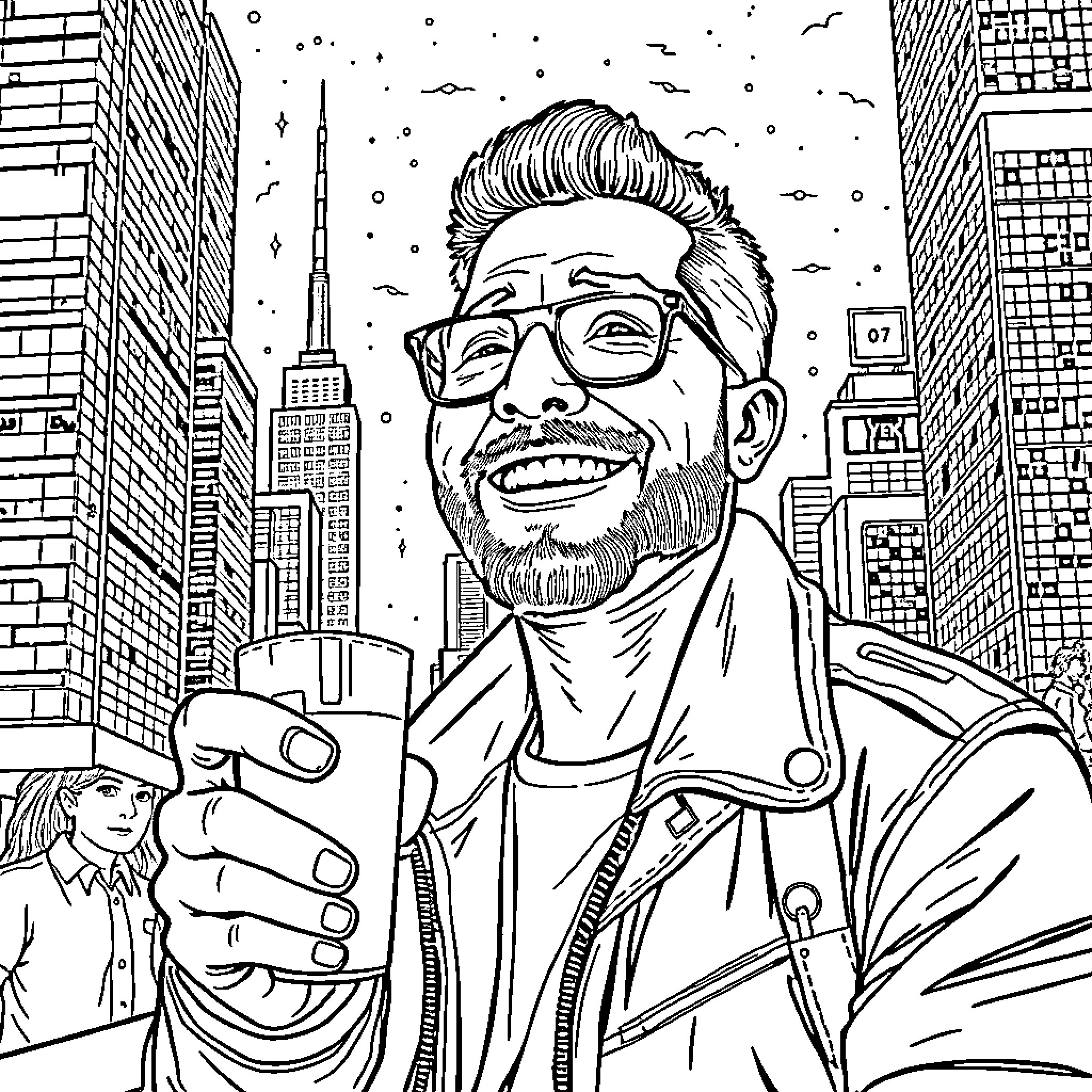 Gustavo Petro smiling and gesturing in the city Coloring Page (free black-and-white line drawing printable PDF for all, from beginners to advanced learners, including children, teens, adults, and seniors)