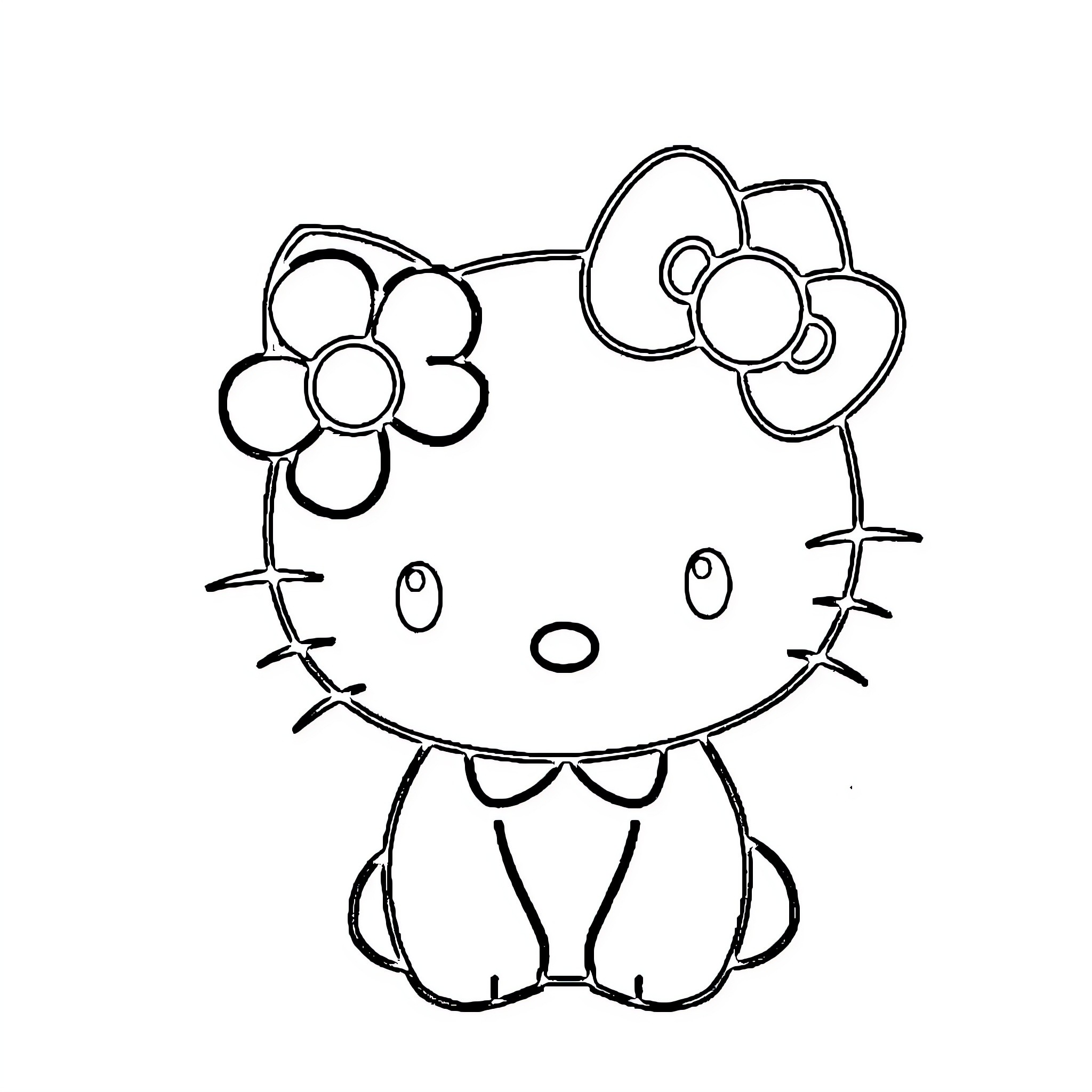 Hello Kitty Sitting with Flowers Coloring Page (free black-and-white line drawing printable PDF for all, from beginners to advanced learners, including children, teens, adults, and seniors)