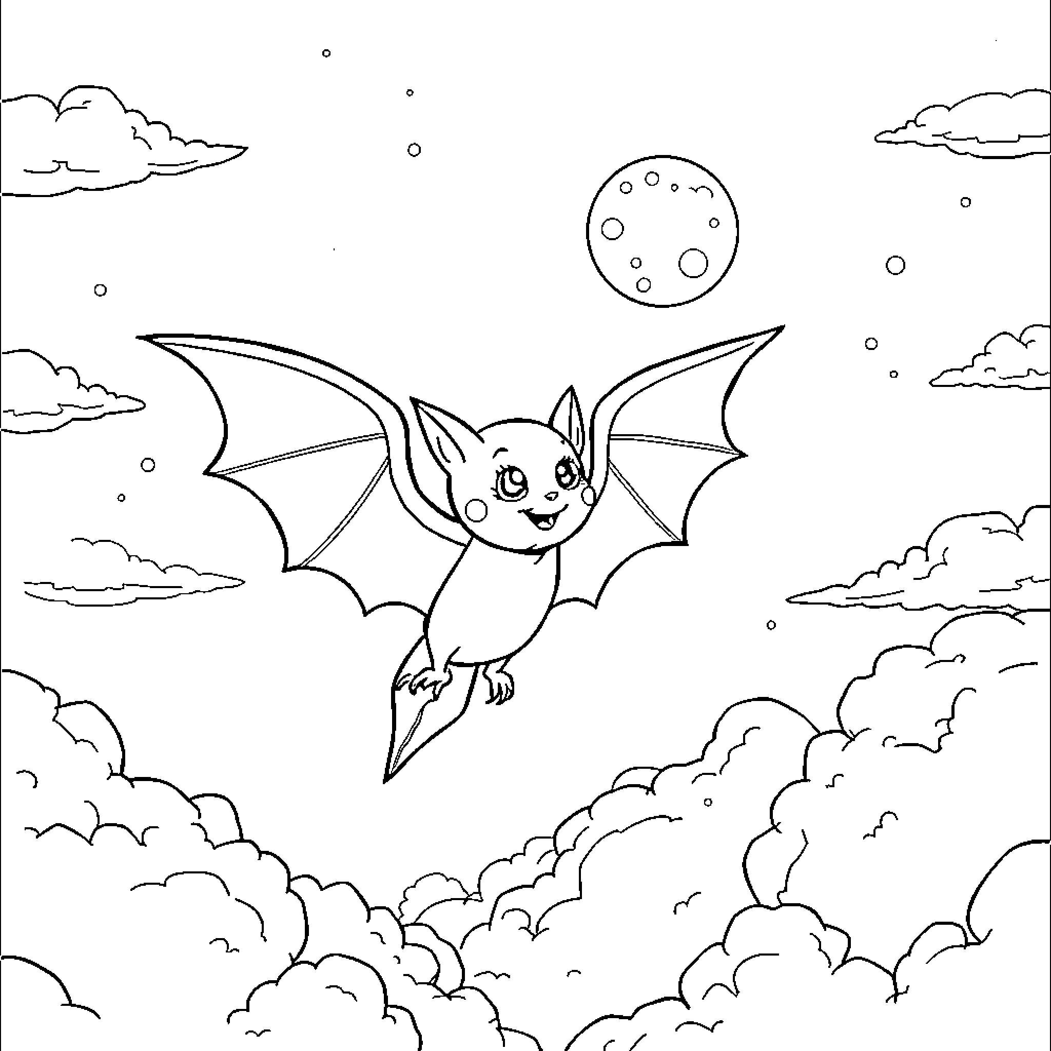 Bat flying joyfully in the night sky Coloring Page (free black-and-white line drawing printable PDF for all, from beginners to advanced learners, including children, teens, adults, and seniors)
