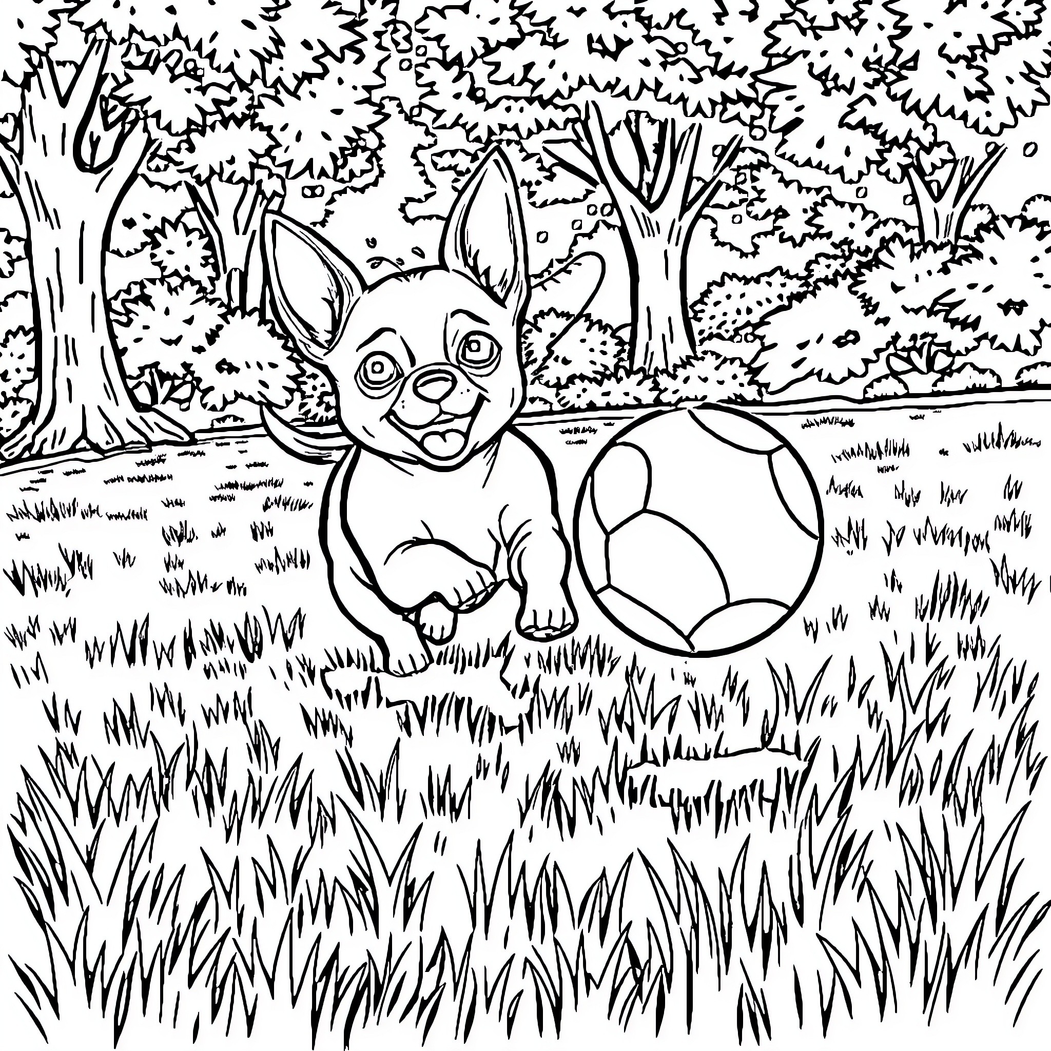 Chihuahua playing joyfully in a lush forest Coloring Page (free black-and-white line drawing printable PDF for all, from beginners to advanced learners, including children, teens, adults, and seniors)