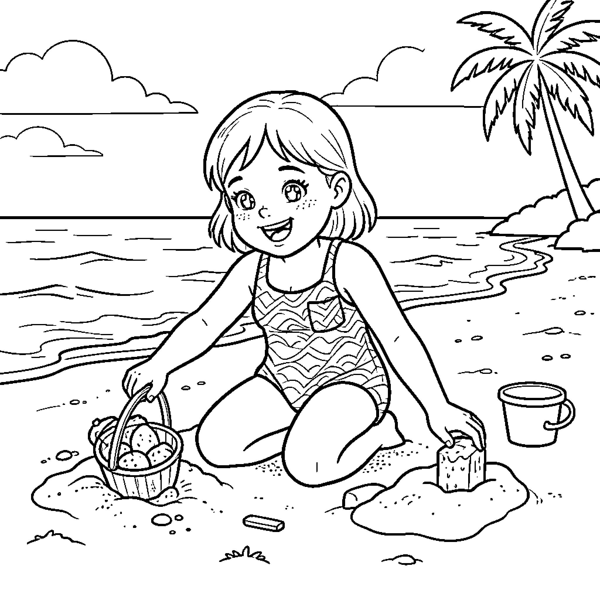 Minnie playing with sand and shells at the beach Coloring Page (free black-and-white line drawing printable PDF for all, from beginners to advanced learners, including children, teens, adults, and seniors)