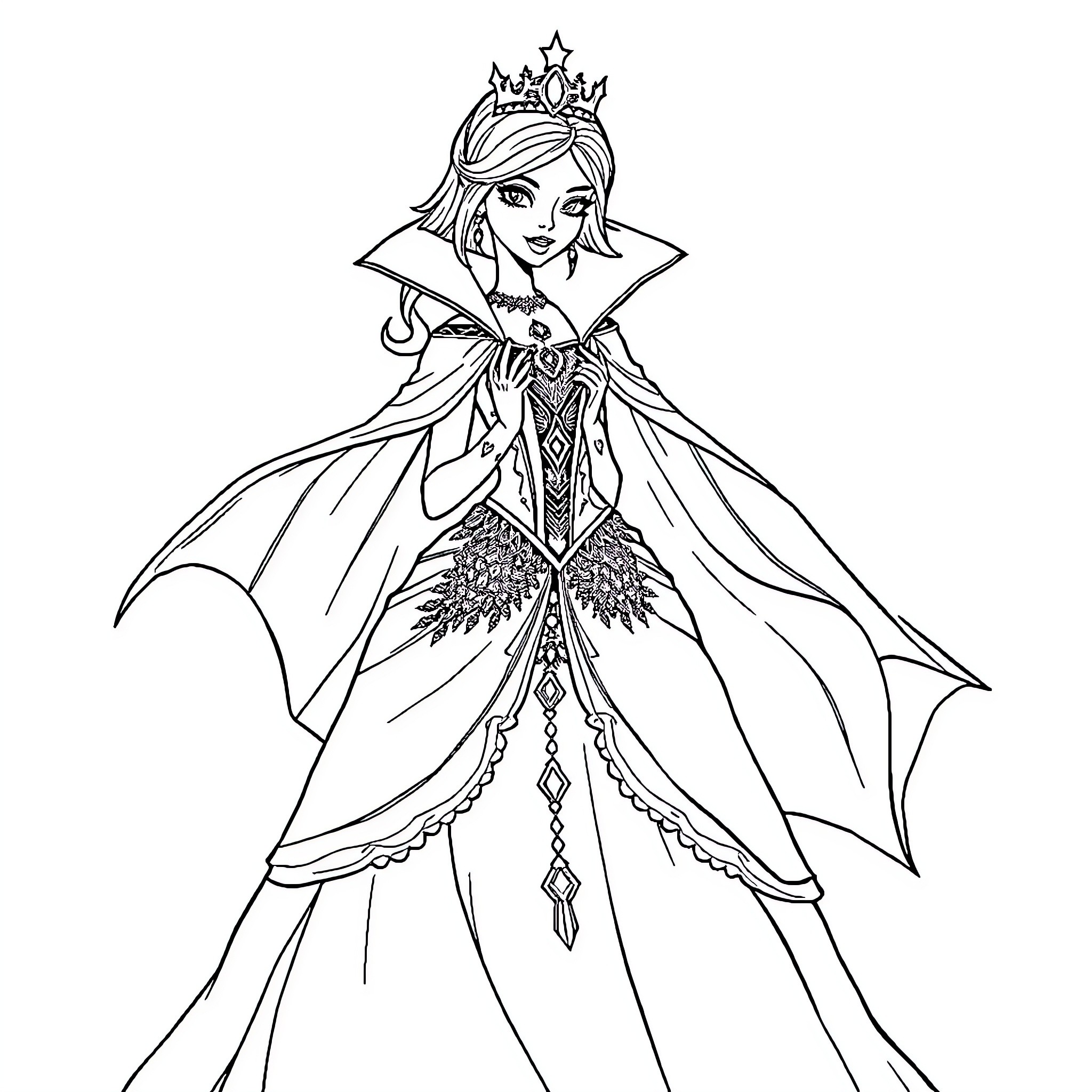 Princess in Elegant Ceremonial Attire Coloring Page (free black-and-white line drawing printable PDF for all, from beginners to advanced learners, including children, teens, adults, and seniors)