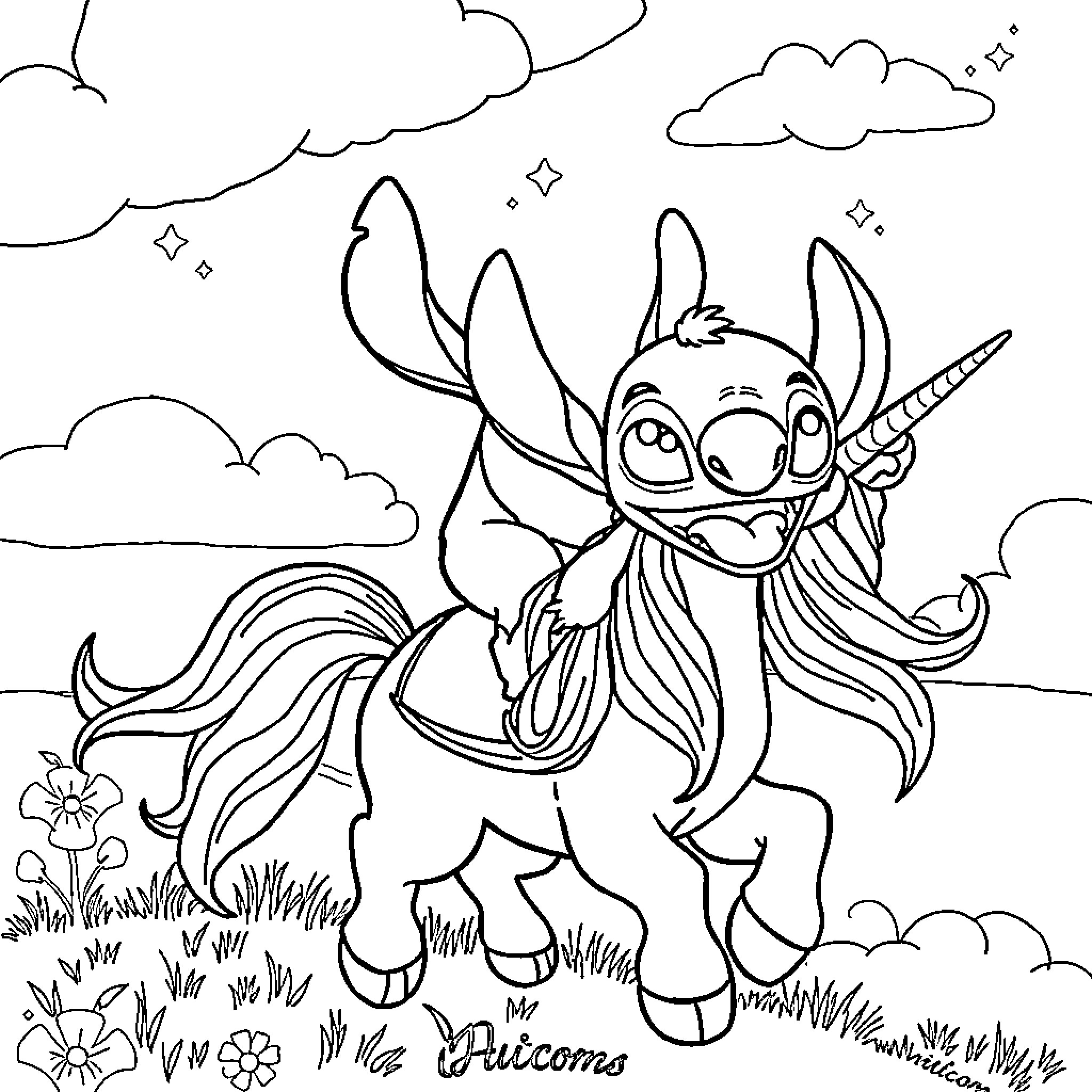 Stitch riding a magical unicorn in the sky Coloring Page (free black-and-white line drawing printable PDF for all, from beginners to advanced learners, including children, teens, adults, and seniors)