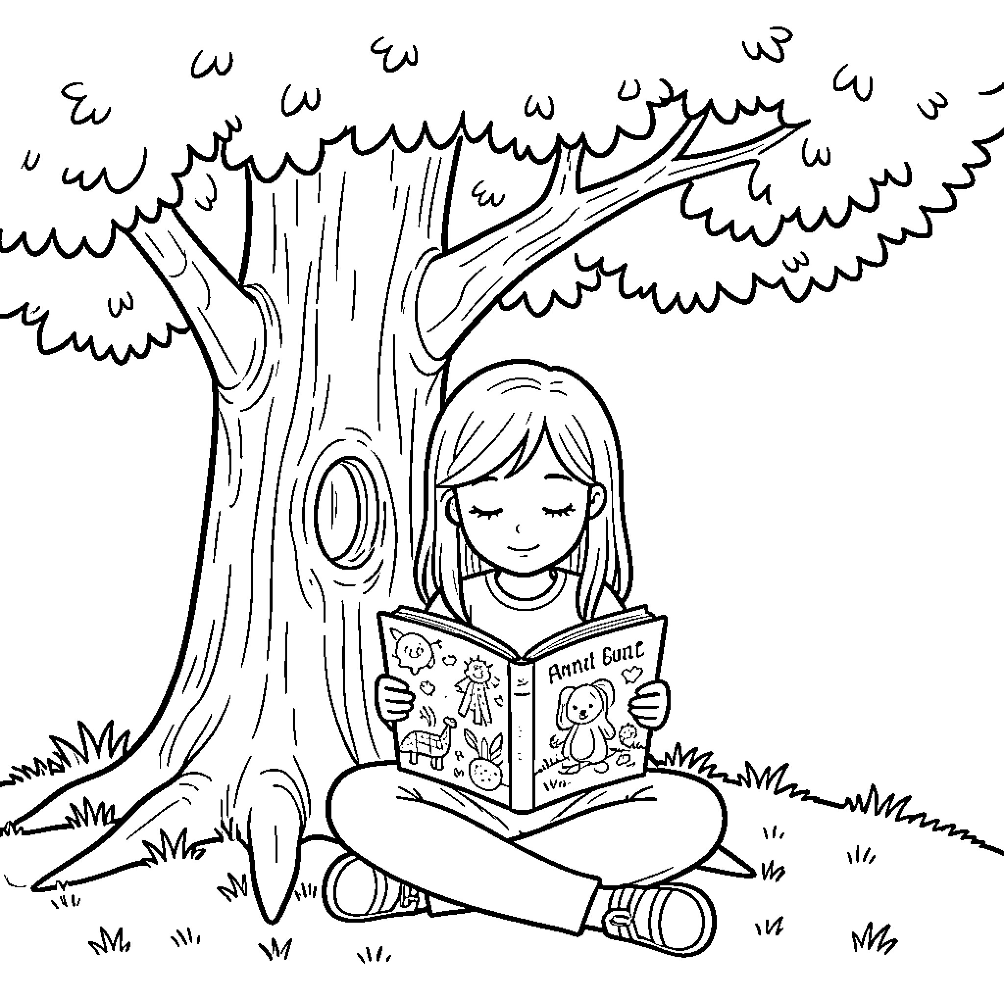 Girl reading a book under a tree Coloring Page (free black-and-white line drawing printable PDF for all, from beginners to advanced learners, including children, teens, adults, and seniors)