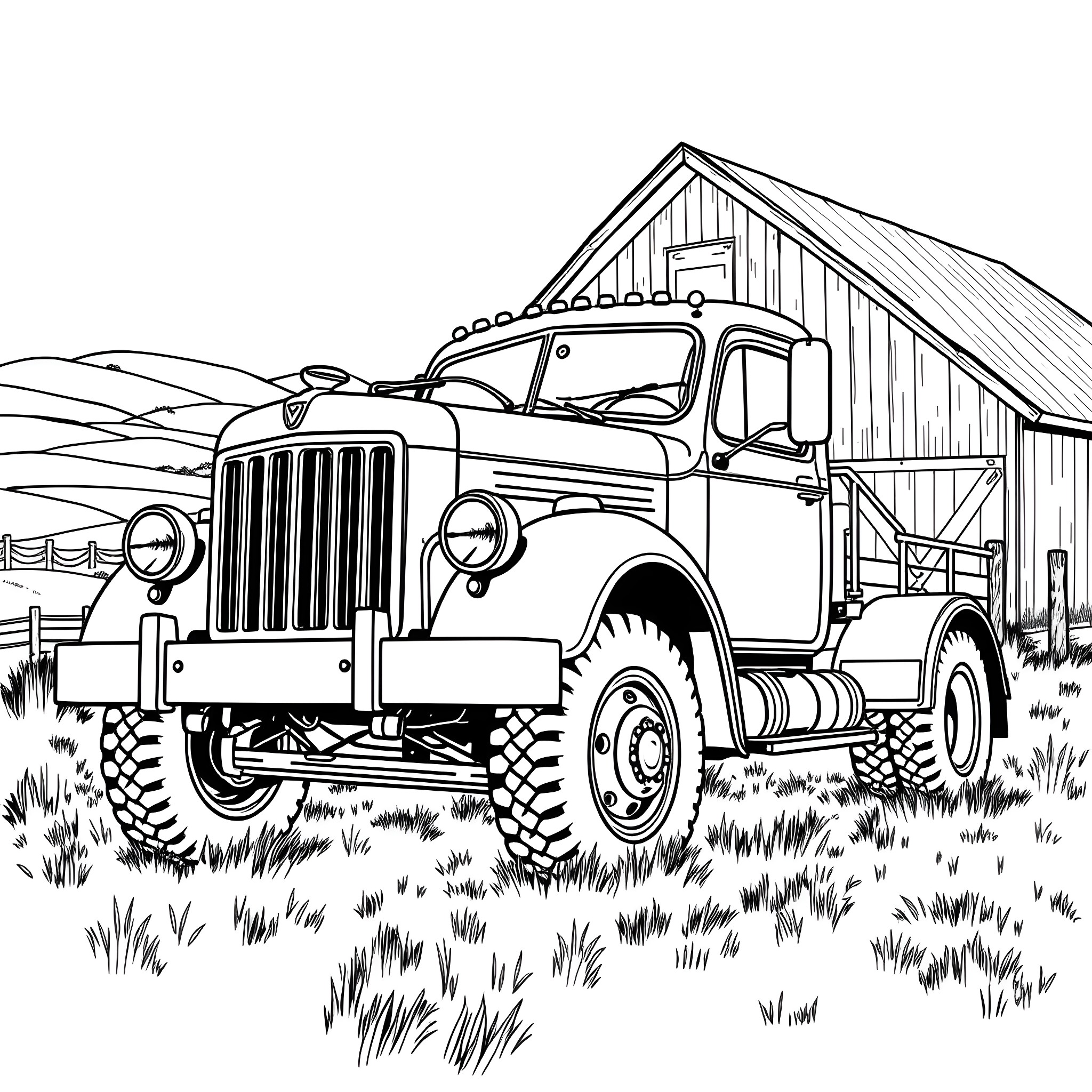 Truck in a rustic farm scene Coloring Page (free black-and-white line drawing printable PDF for all, from beginners to advanced learners, including children, teens, adults, and seniors)
