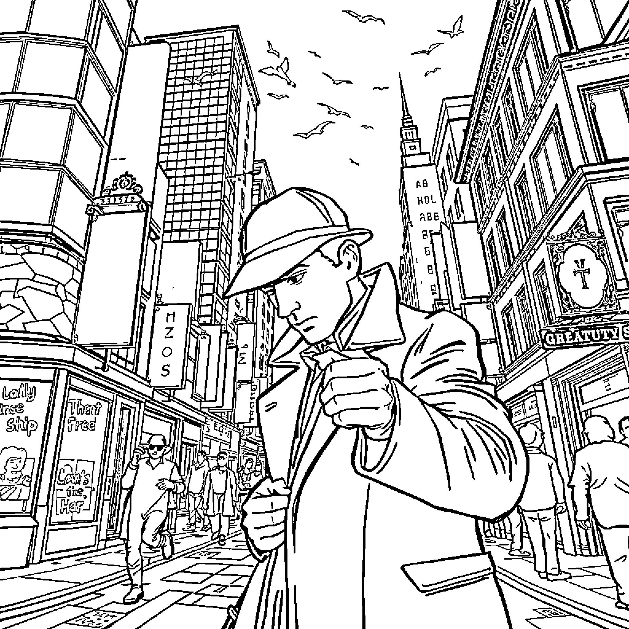 Sherlock Holmes Investigates the Bustling City Streets Coloring Page (free black-and-white line drawing printable PDF for all, from beginners to advanced learners, including children, teens, adults, and seniors)