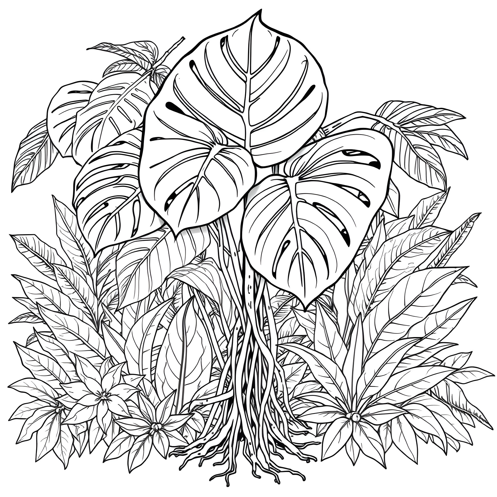 Monstera leaves in tropical foliage Coloring Page (free black-and-white line drawing printable PDF for all, from beginners to advanced learners, including children, teens, adults, and seniors)
