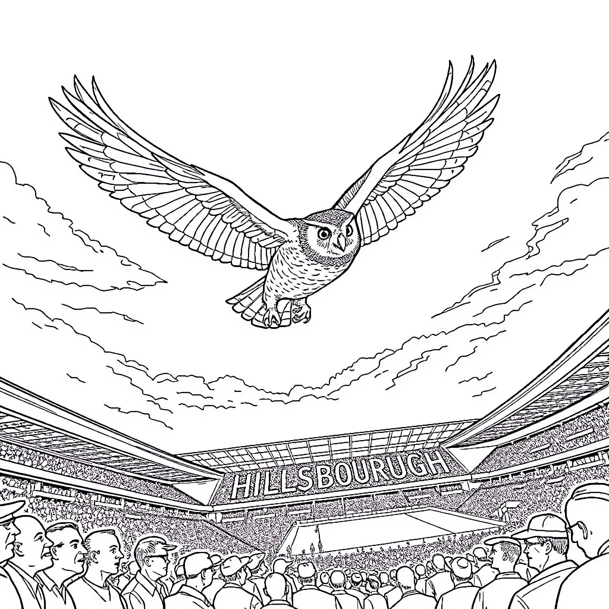 Owl soaring over crowded sports stadium Coloring Page (free black-and-white line drawing printable PDF for all, from beginners to advanced learners, including children, teens, adults, and seniors)