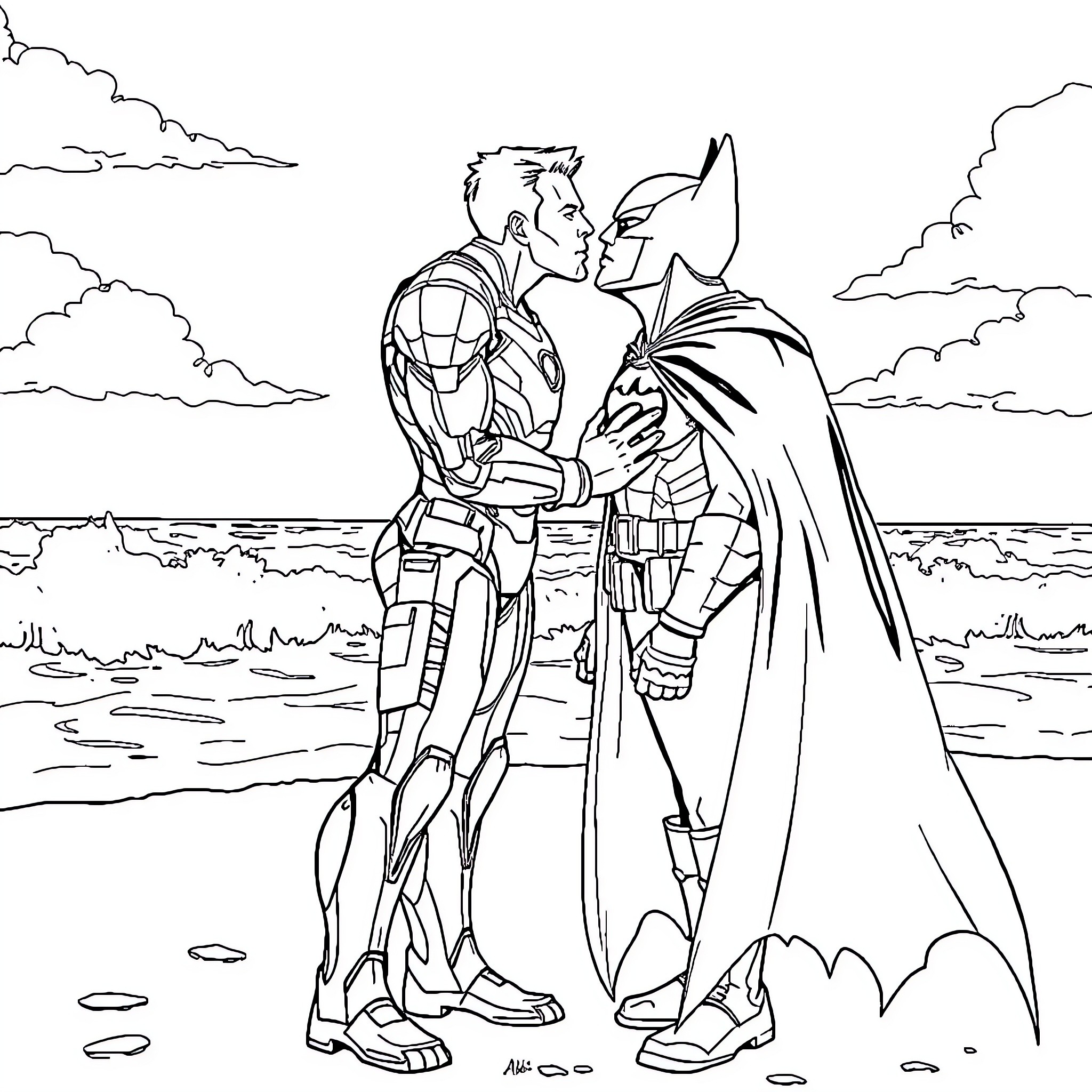 Iron Man and Batman's Epic Confrontation on the Beach Coloring Page (free black-and-white line drawing printable PDF for all, from beginners to advanced learners, including children, teens, adults, and seniors)