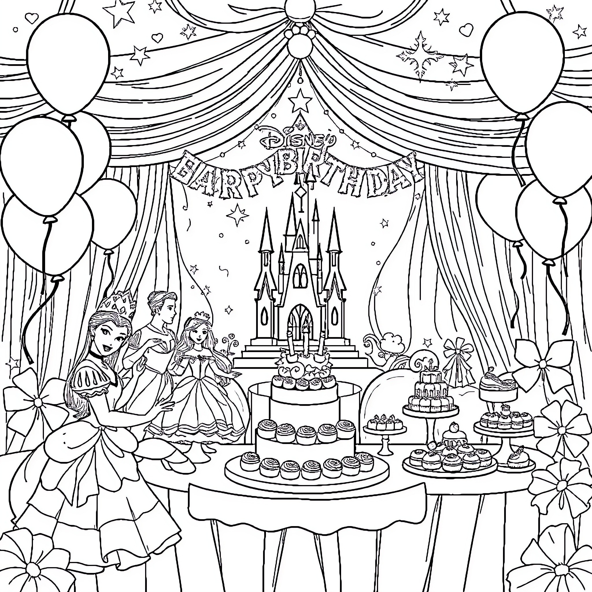 Princess Celebrates Birthday with Disney Friends Coloring Page (free black-and-white line drawing printable PDF for all, from beginners to advanced learners, including children, teens, adults, and seniors)
