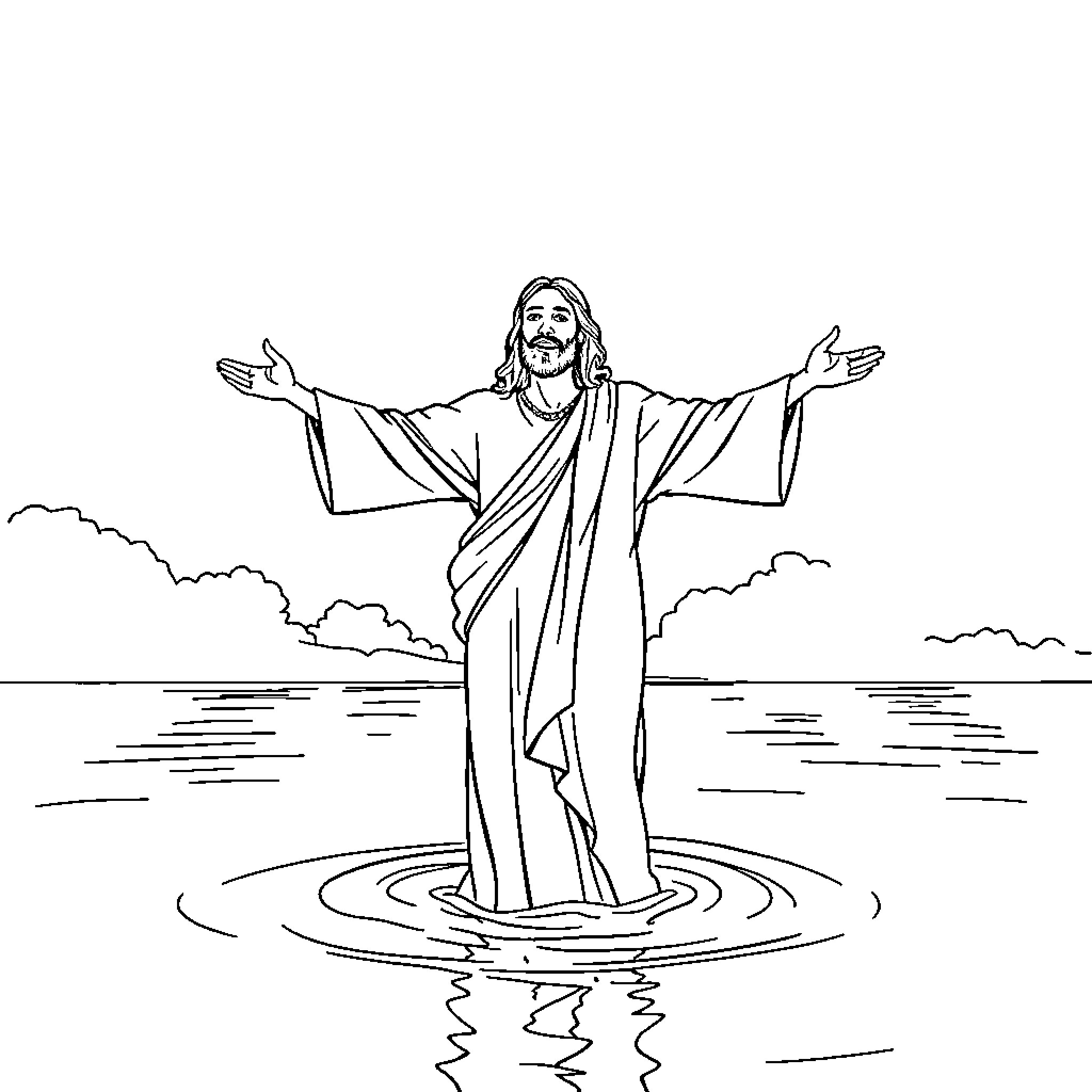 Jesus Christ's Arms Outstretched with Serene Expression Coloring Page (free black-and-white line drawing printable PDF for all, from beginners to advanced learners, including children, teens, adults, and seniors)