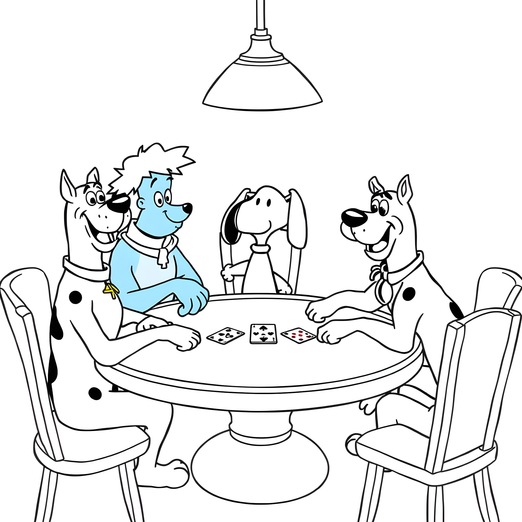 Dogs playing cards under a lamp Coloring Page (free black-and-white line drawing printable PDF for all, from beginners to advanced learners, including children, teens, adults, and seniors)
