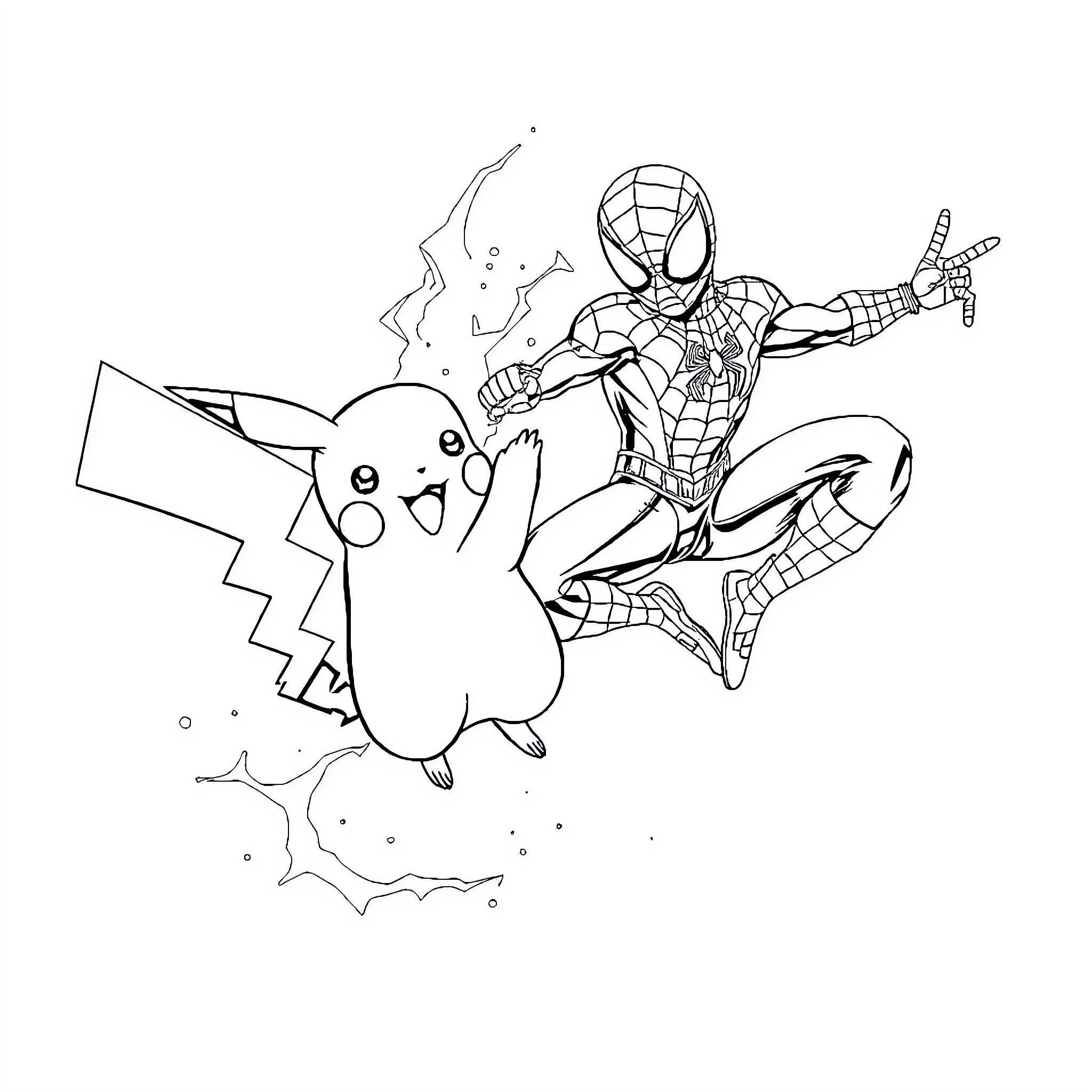 Pikachu and Spider-Man in an exciting adventure Coloring Page (free black-and-white line drawing printable PDF for all, from beginners to advanced learners, including children, teens, adults, and seniors)