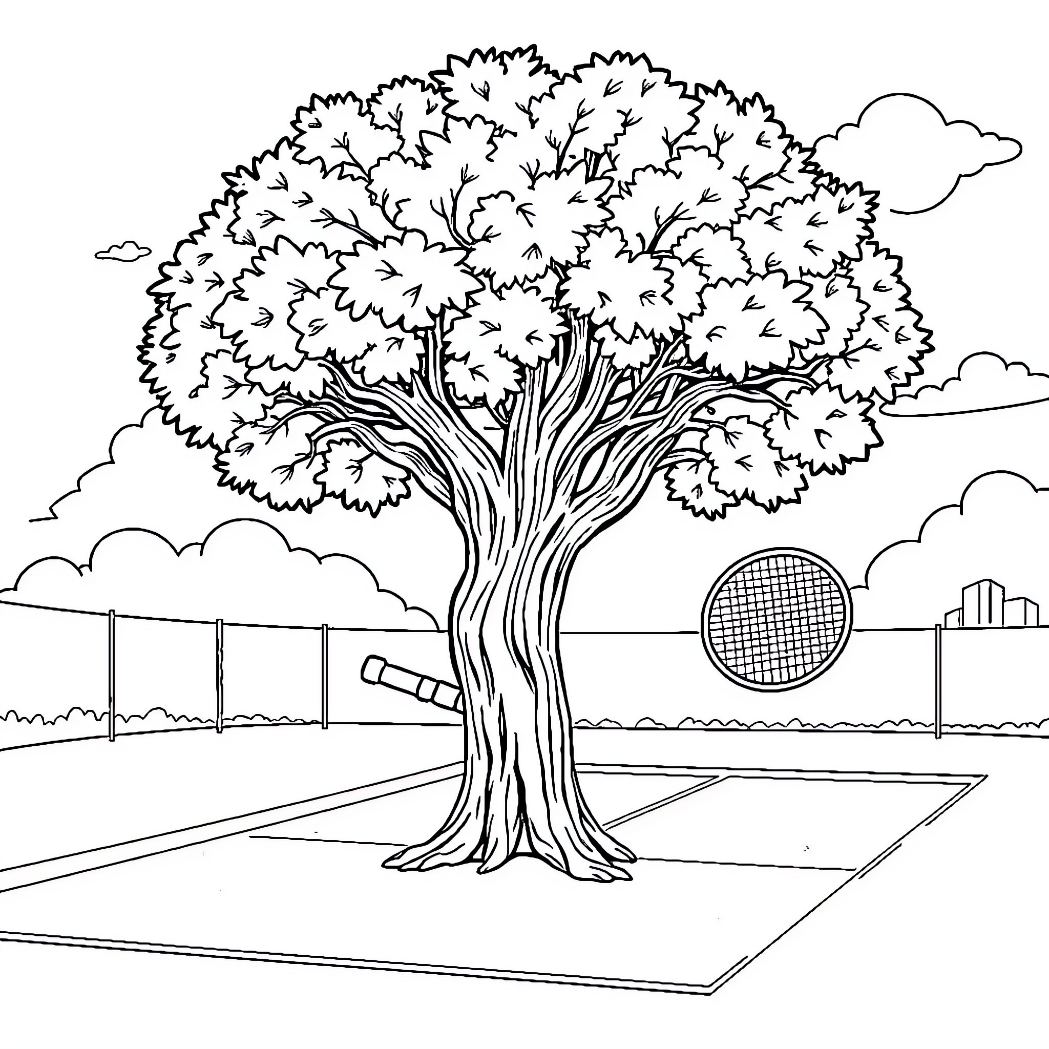 Oak Tree in a Tennis Court Landscape Coloring Page (free black-and-white line drawing printable PDF for all, from beginners to advanced learners, including children, teens, adults, and seniors)
