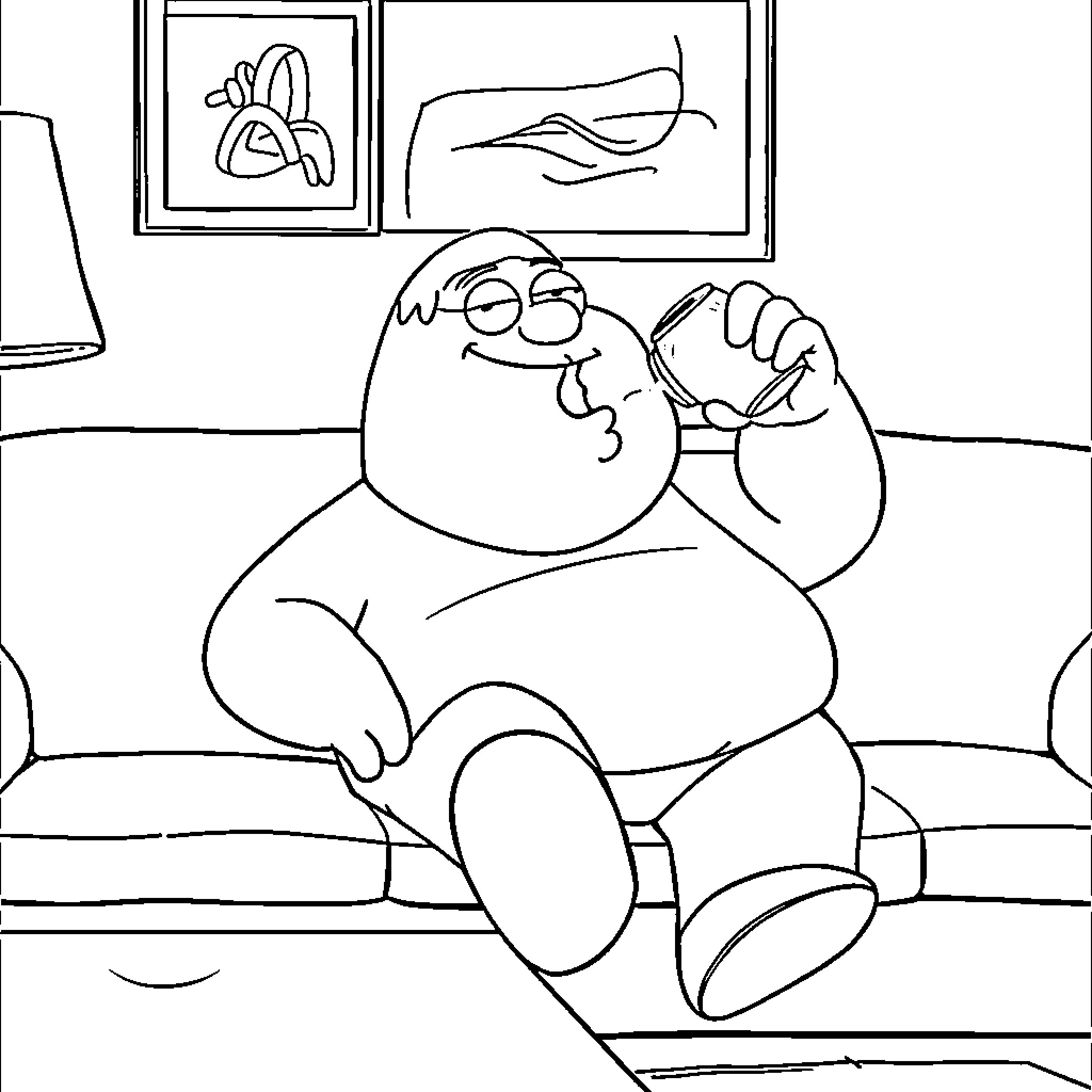 Peter Griffin relaxing on the sofa Coloring Page (free black-and-white line drawing printable PDF for all, from beginners to advanced learners, including children, teens, adults, and seniors)