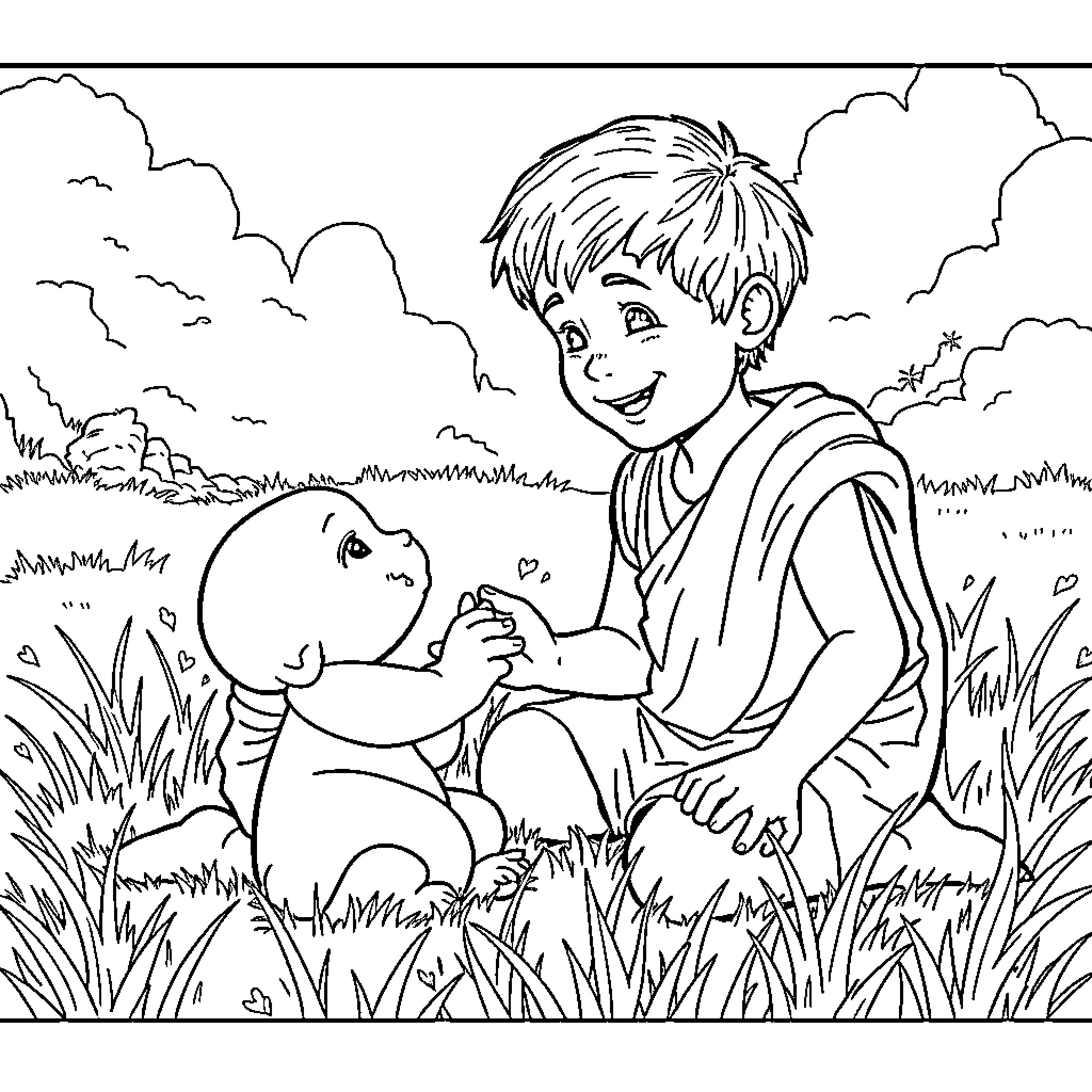 Boy playing happily with stuffed animal in the meadow Coloring Page (free black-and-white line drawing printable PDF for all, from beginners to advanced learners, including children, teens, adults, and seniors)