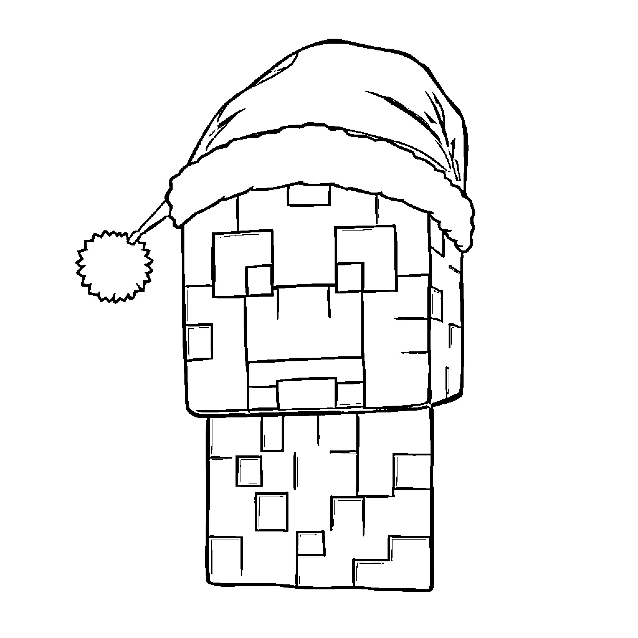 Creeper wearing a Santa hat and smiling Coloring Page (free black-and-white line drawing printable PDF for all, from beginners to advanced learners, including children, teens, adults, and seniors)