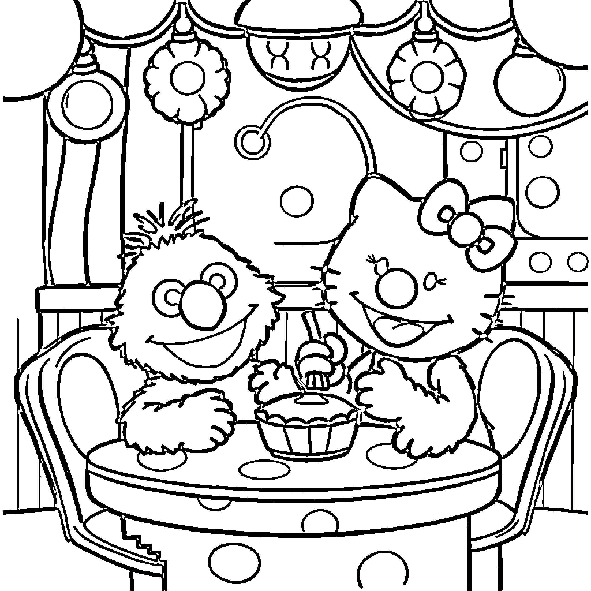 Elmo enjoying a cupcake in a festive carnival setting Coloring Page (free black-and-white line drawing printable PDF for all, from beginners to advanced learners, including children, teens, adults, and seniors)