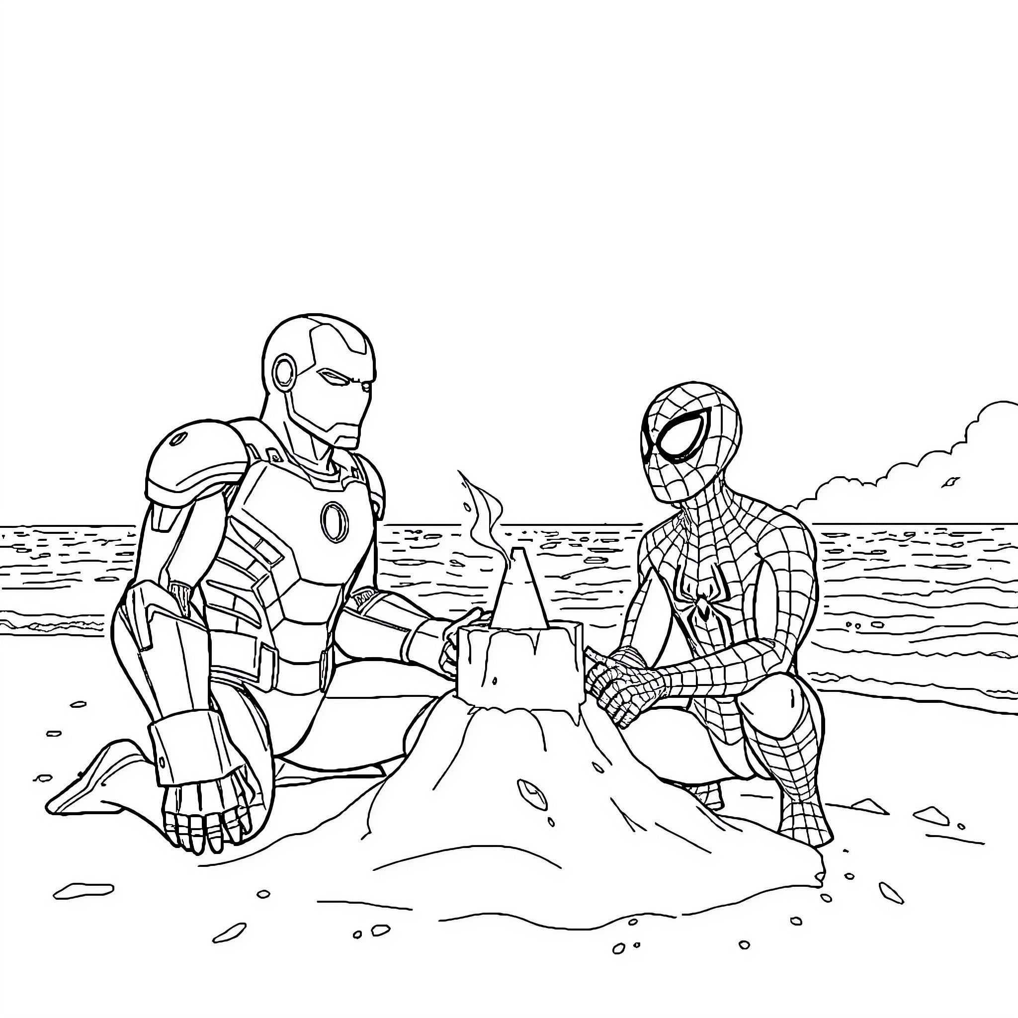 Iron Man and Spider-Man Building Sandcastles on the Beach Coloring Page (free black-and-white line drawing printable PDF for all, from beginners to advanced learners, including children, teens, adults, and seniors)