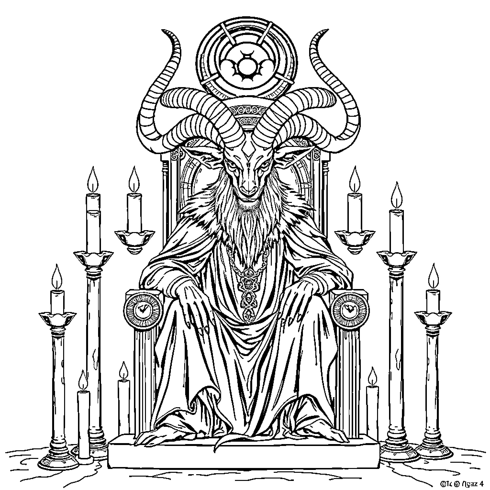 Baphomet seated on a throne with candles Coloring Page (free black-and-white line drawing printable PDF for all, from beginners to advanced learners, including children, teens, adults, and seniors)