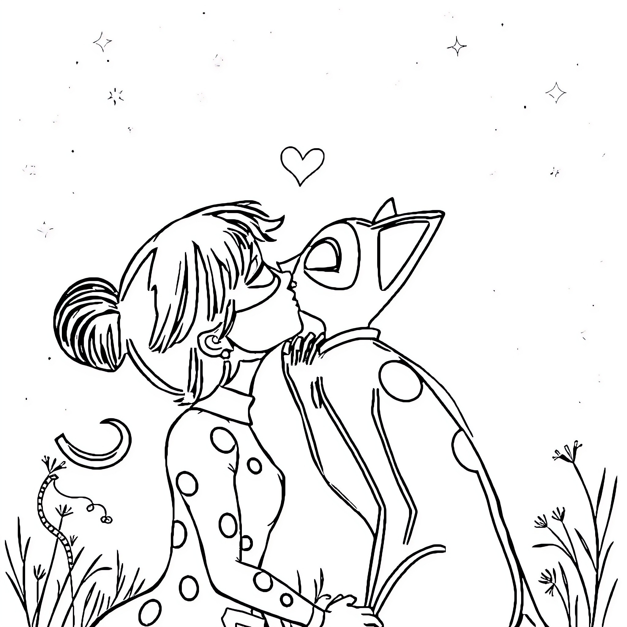 Ladybug cuddling with a playful friend Coloring Page (free black-and-white line drawing printable PDF for all, from beginners to advanced learners, including children, teens, adults, and seniors)
